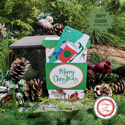 Cardinal Merry Christmas Gift Card Holder – Coffee Cup Style with Green Glitter Sleeve & A2 Envelope – Holiday Gift for Nature Lovers