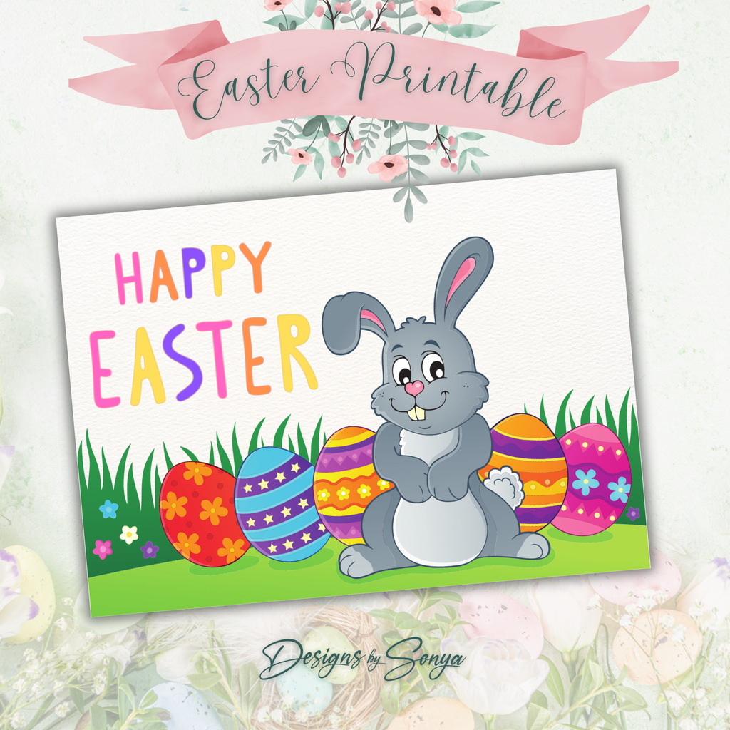 Happy Easter Bunny Printable Card – 5x7 Folded Greeting Card | DIY Instant Download | Easter Digital Card with Matching Envelope