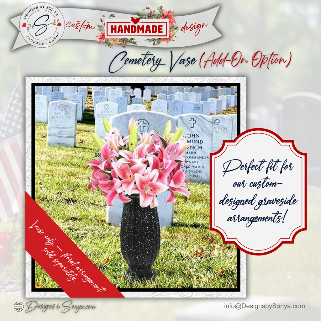 Black Cemetery Vase with Dual Metal Stakes – Weather-Ready Graveside Flower Holder – Stable Weighted Design for Memorials & Headstones (Add-On Option)