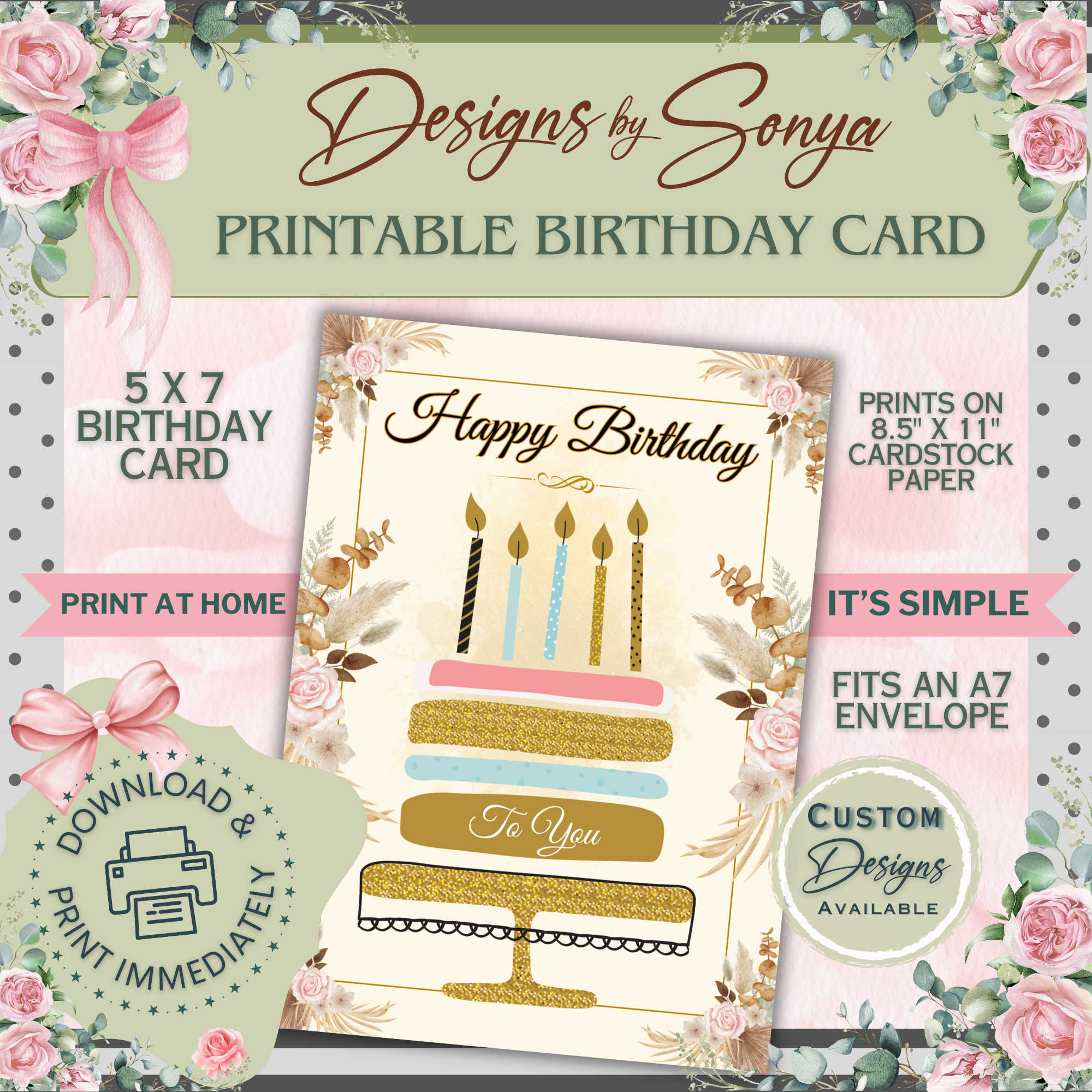 Elegant Gold & Floral Birthday Card 5x7 | Printable Birthday Card | Fits A7 Envelope | Custom Insert Message | Digital Download | Print at Home