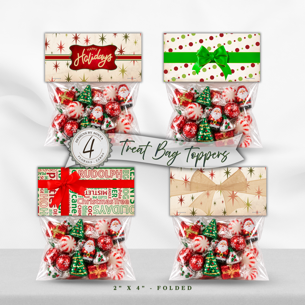 Printable Christmas Treat Bag Topper Collection | 4 Vintage Holiday Designs | Candy Bag Toppers for Classroom Parties & Christmas Gifts | 4" x 2" PDF