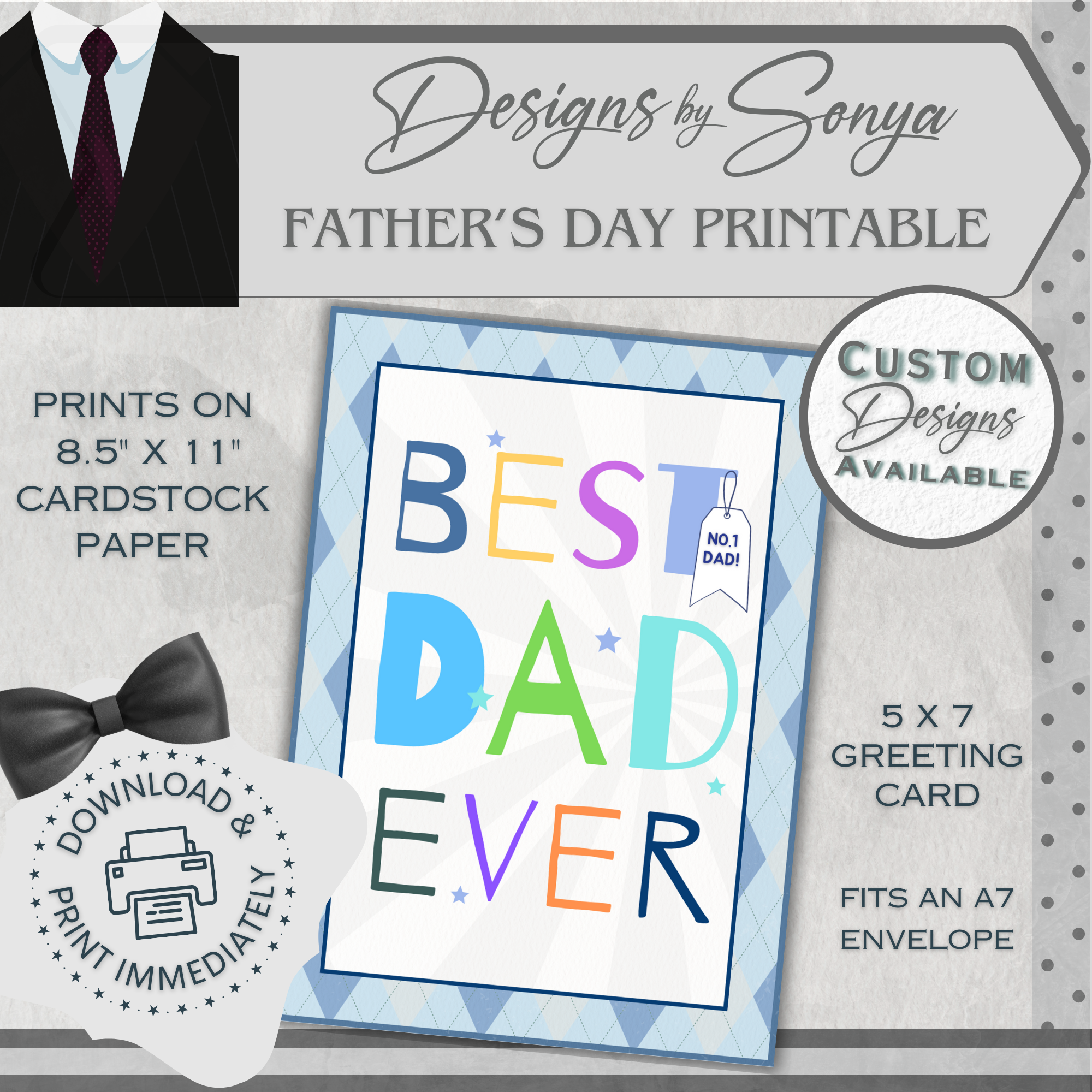 Father's Day - Best Dad Ever | Custom Designed | Printable Greeting Card | Matching Envelope Included | Instant Download | Print at Home