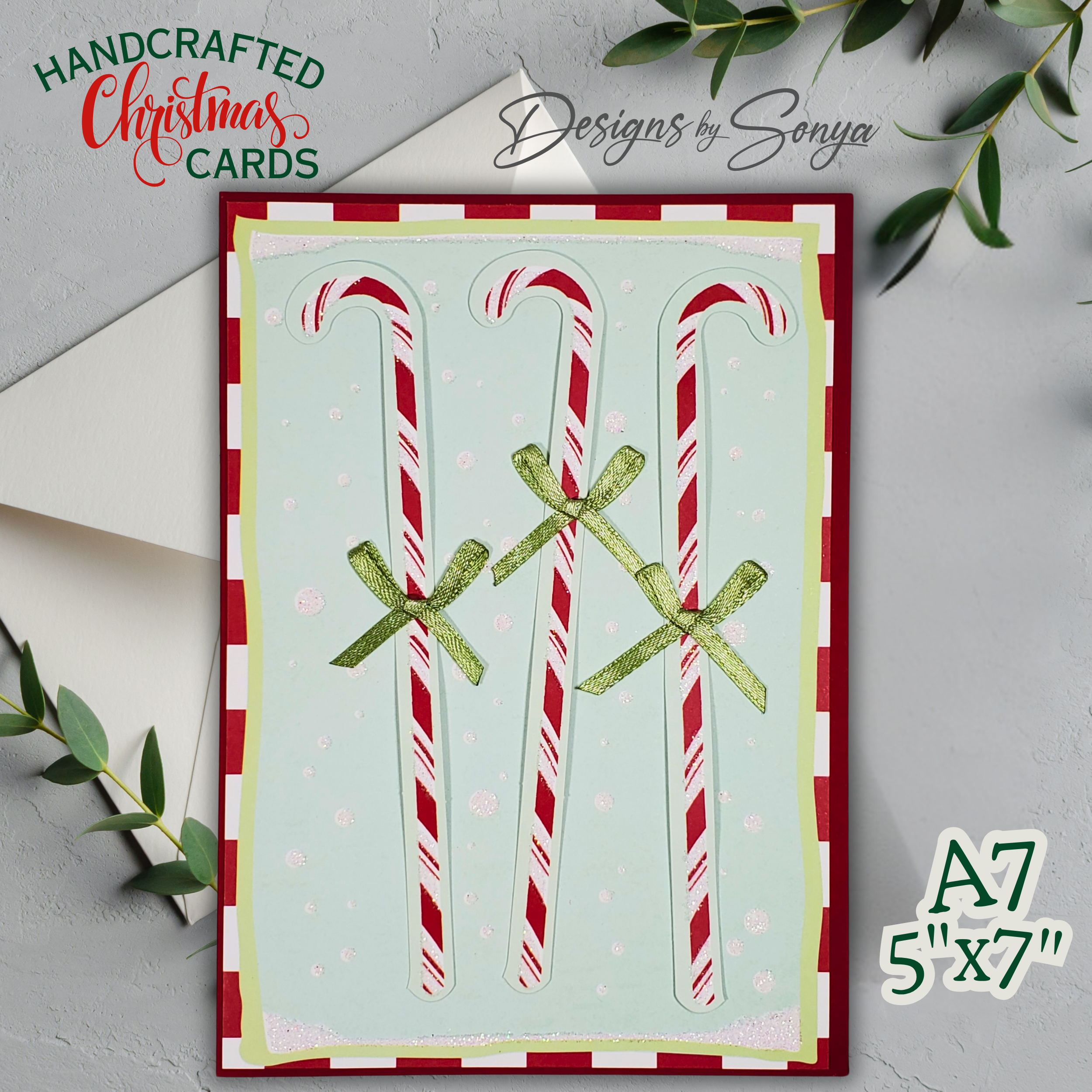 Limited Edition Candy Cane Christmas Card – Handmade A7 Holiday Greeting with Green Bows – 5x7” Peppermint-Themed Keepsake
