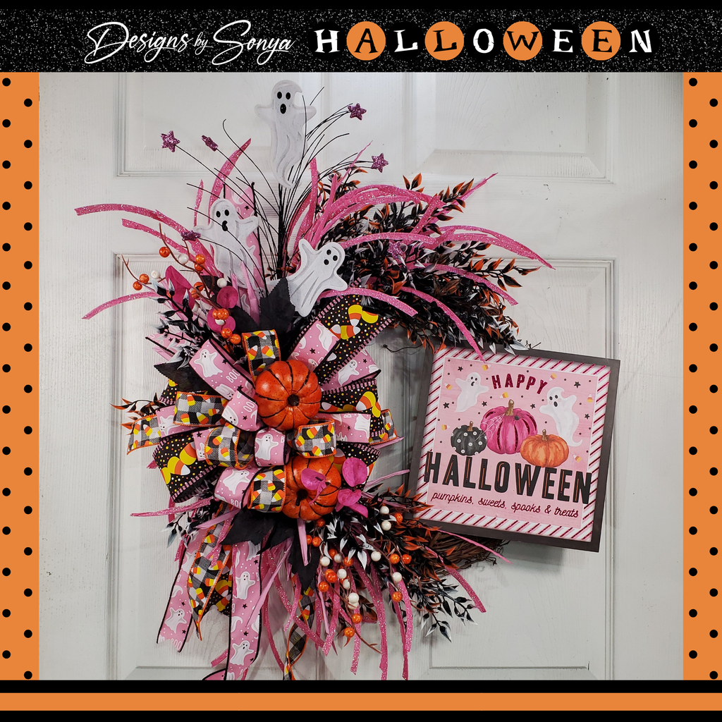 Whimsical Halloween Door Grapevine Wreath | Fun Ghost & Pumpkin Decor | Front Door Wreath | Spooky Entryway Decoration | Pink Door Hanger
