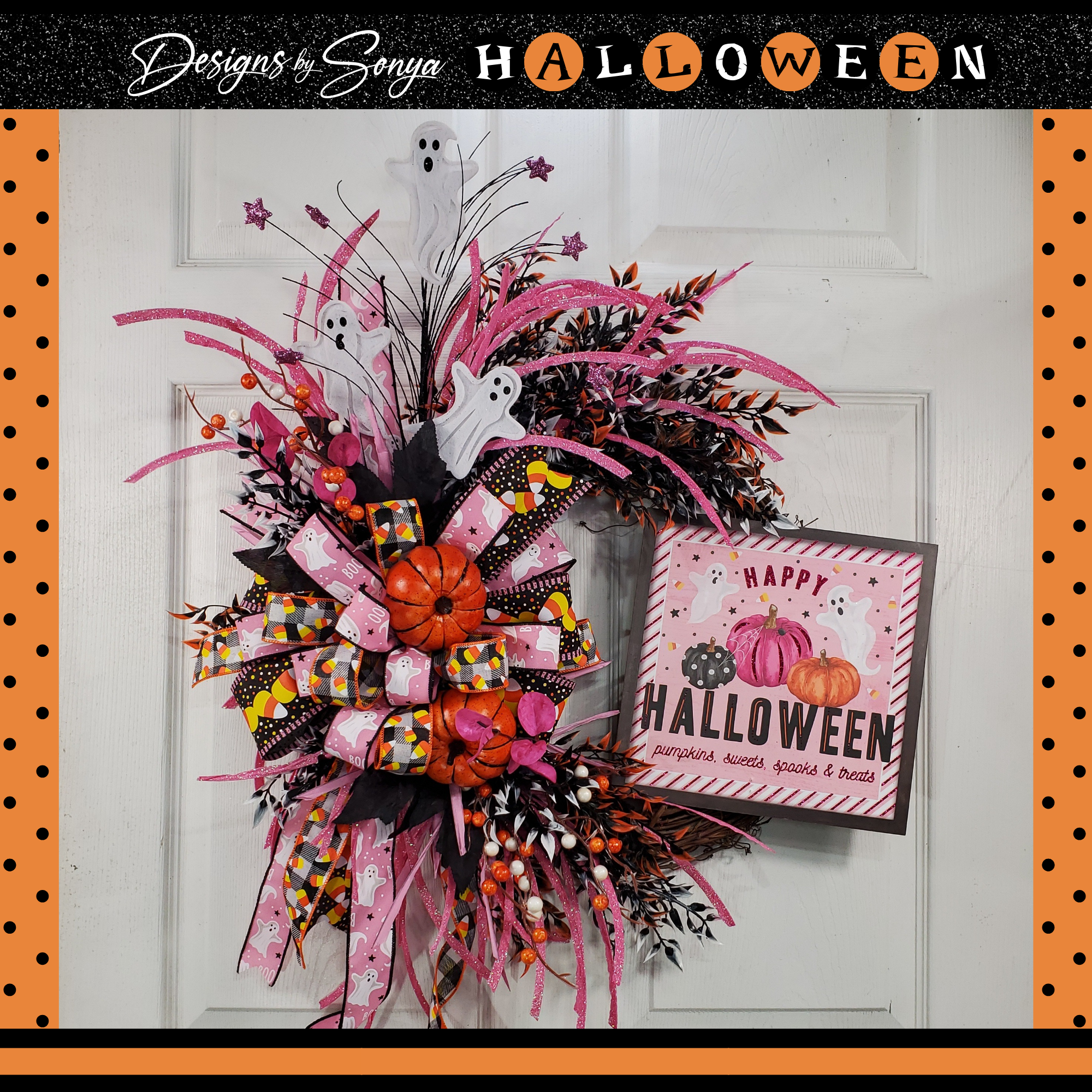 Whimsical Halloween Door Grapevine Wreath | Fun Ghost & Pumpkin Decor | Front Door Wreath | Spooky Entryway Decoration | Pink Door Hanger