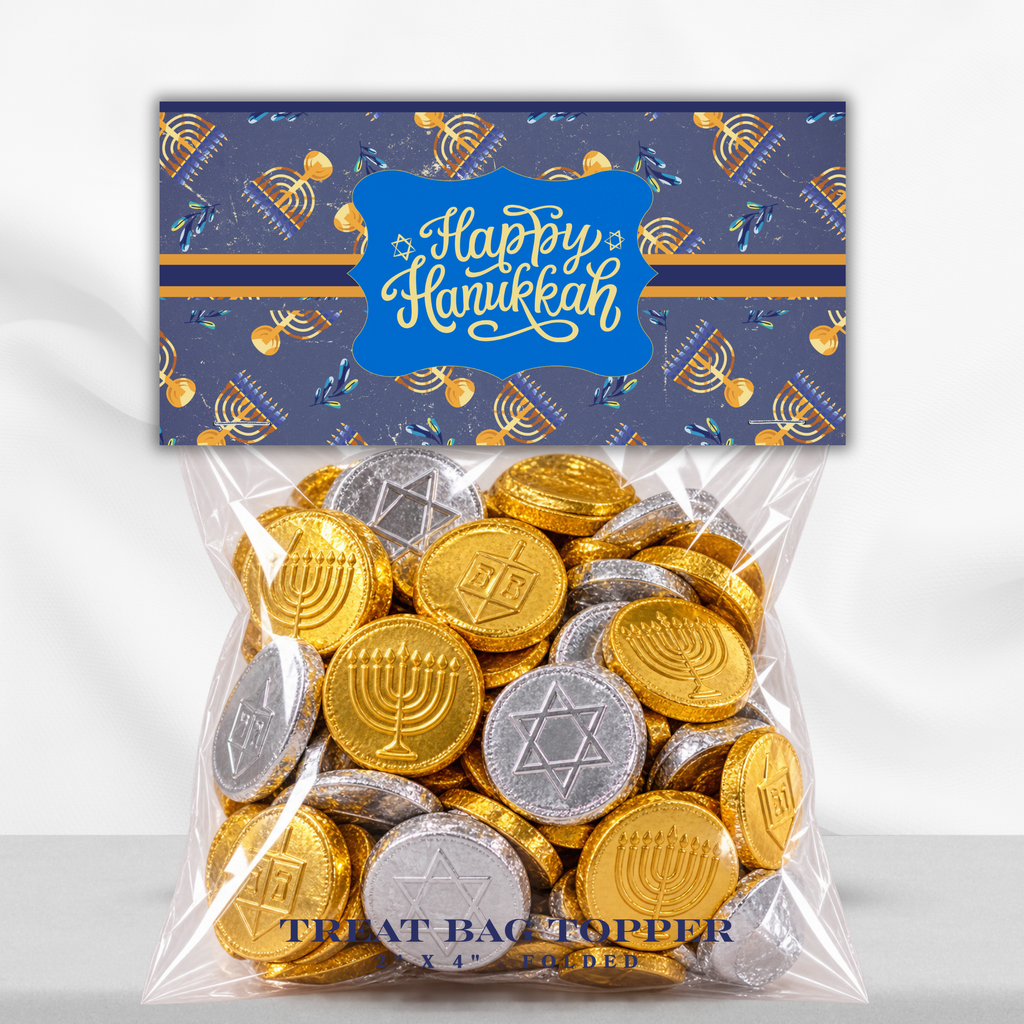 Printable Hanukkah Treat Bag Topper | Happy Hanukkah Candy Bag Topper | Navy Blue & Gold Menorah Pattern | Jewish Holiday Party Favor | 4" x 2" PDF Download