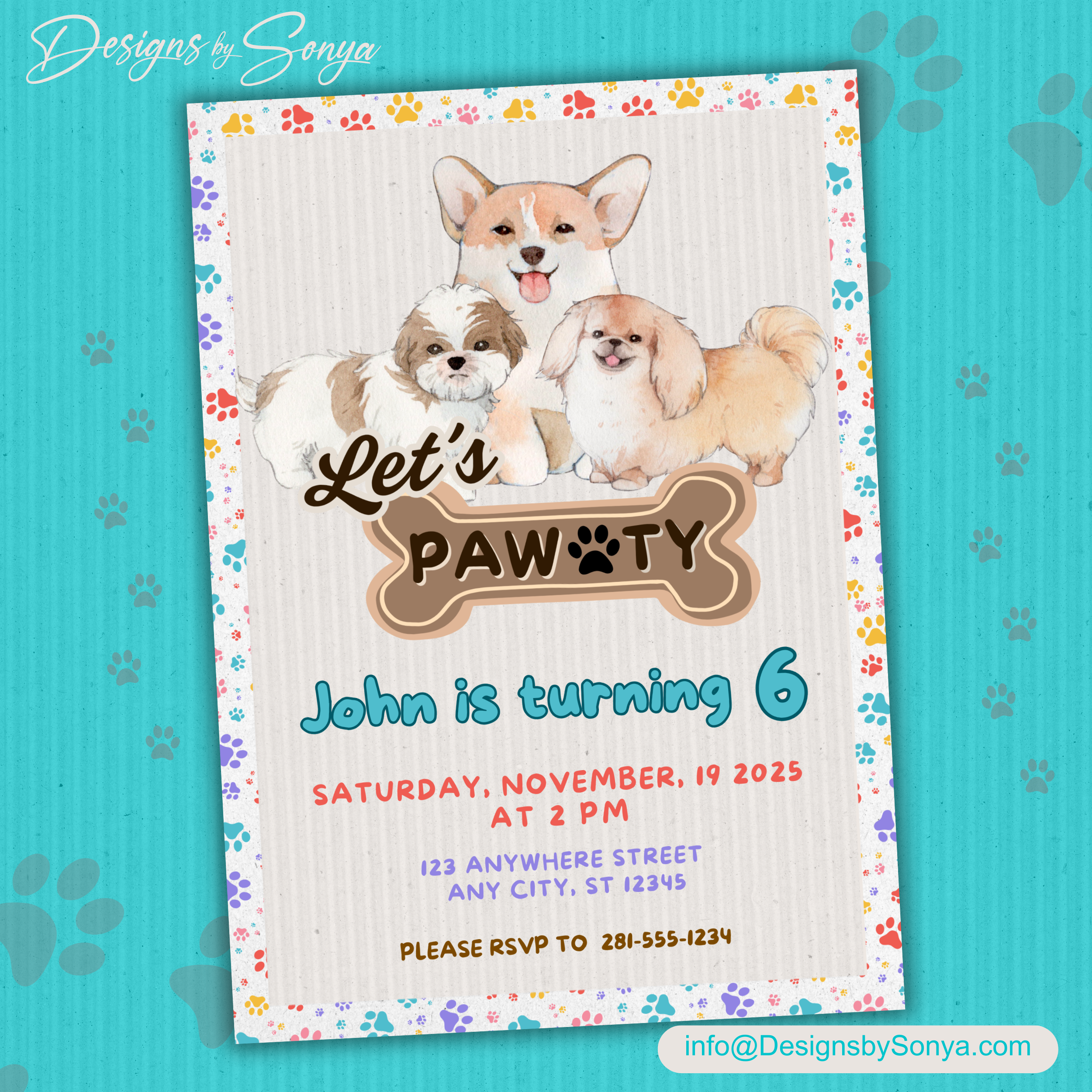 Dog Birthday Party Invitation | Let’s Pawty Editable Canva Template | Printable Pet-Themed Kids Birthday Invite | Cute 5x7 Digital Download
