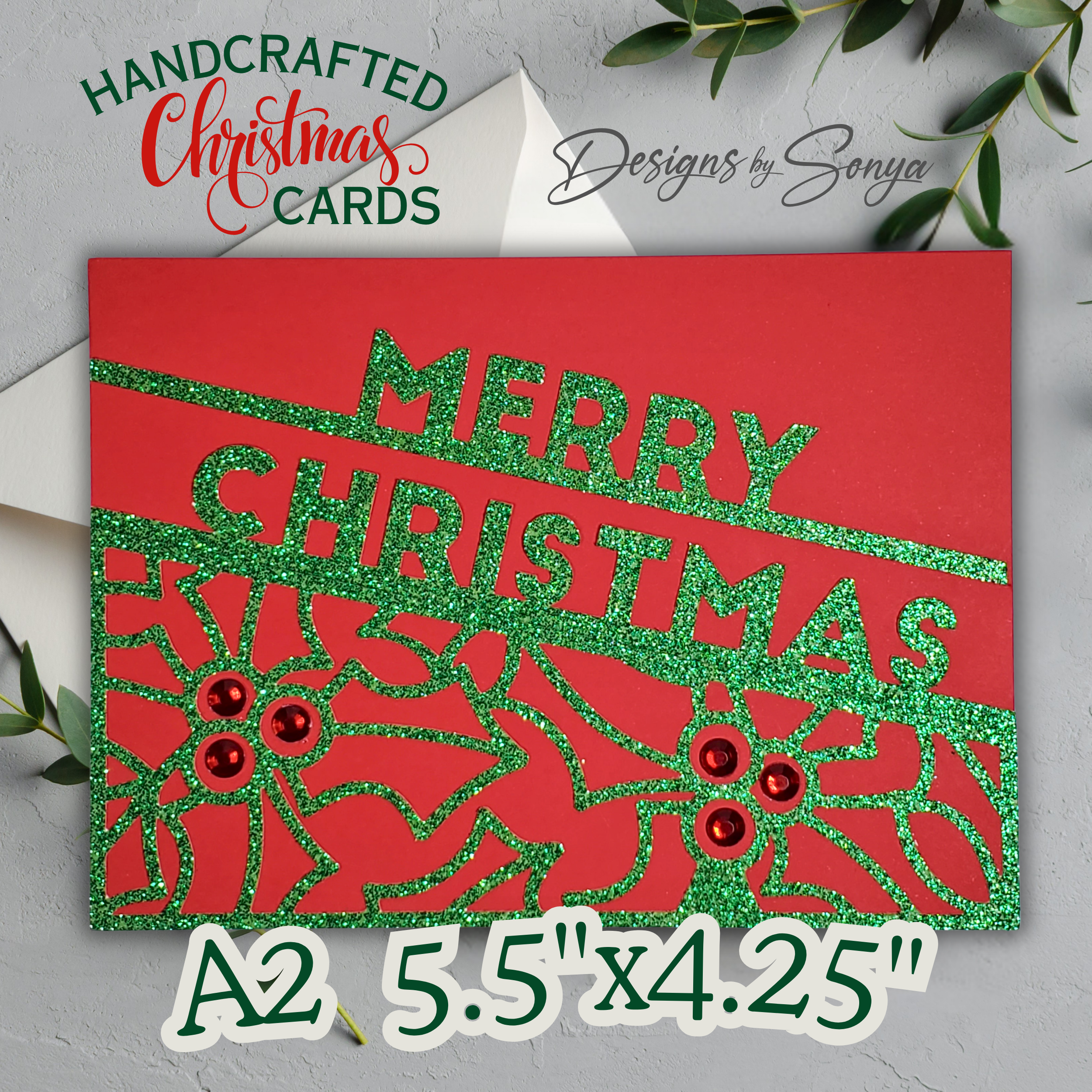 Handcrafted Red Base Merry Christmas Card – Green Glitter Holly Design, Holiday Greeting Message, Limited Edition Keepsake