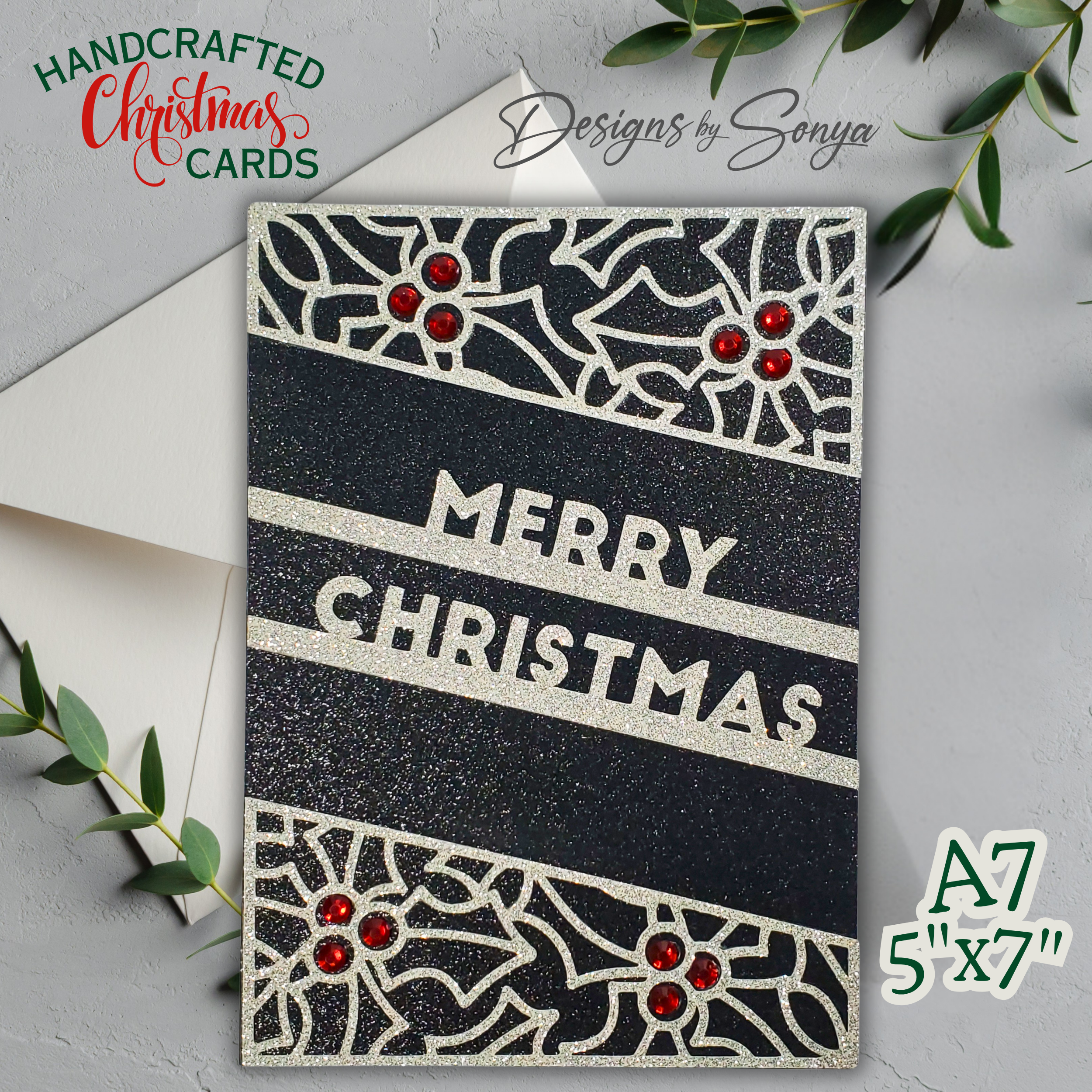 A7 Black & Silver Glitter Merry Christmas Card – Handcrafted 5"x7" Holiday Greeting with Holly Gems, Elegant Keepsake for Gift-Giving