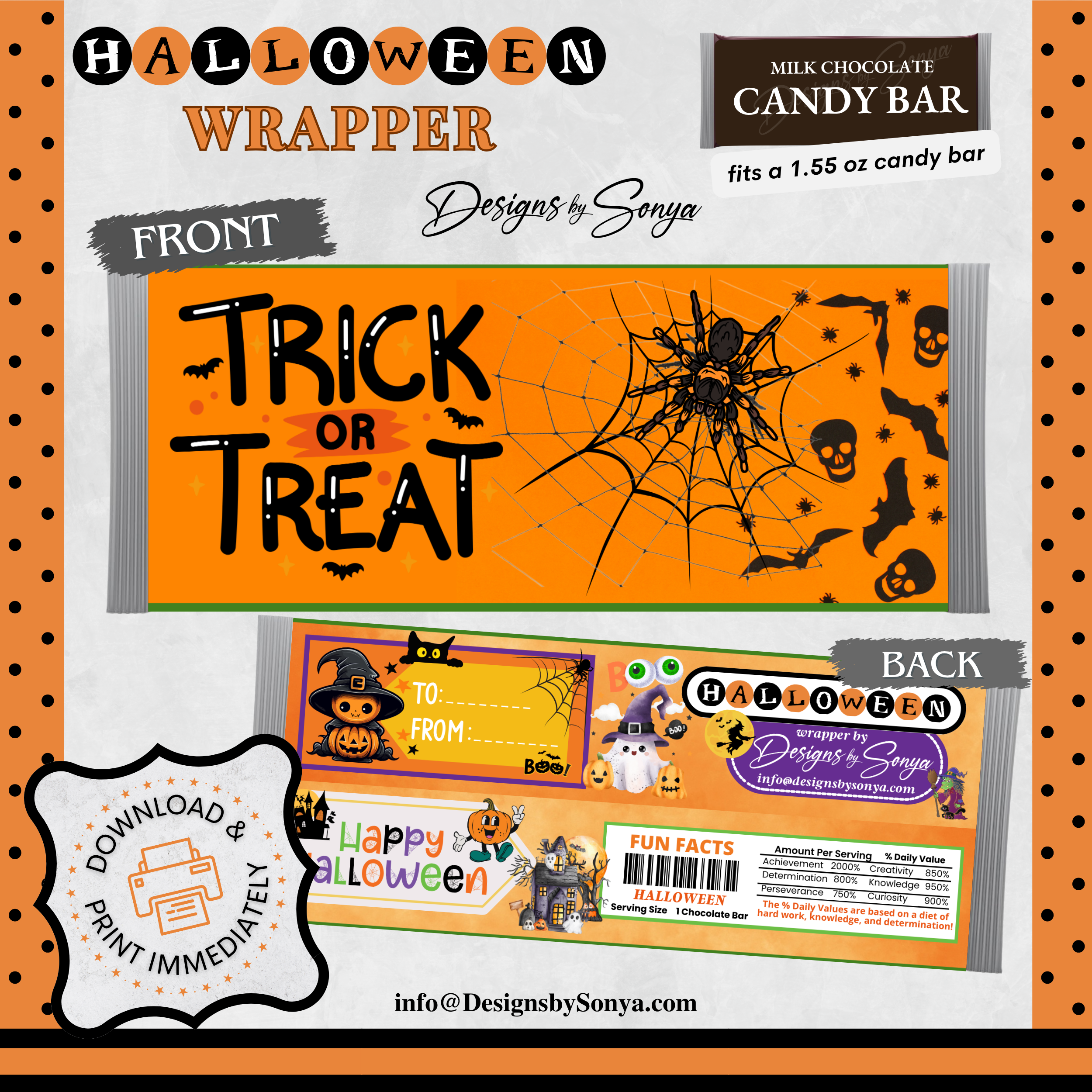 Custom Halloween Digital Candy Bar Wrapper | Printable Candy Bar Covers | Instant Download for Trick-or-Treat Party Favors | Fits 1.55 oz Hershey's Chocolate Bar