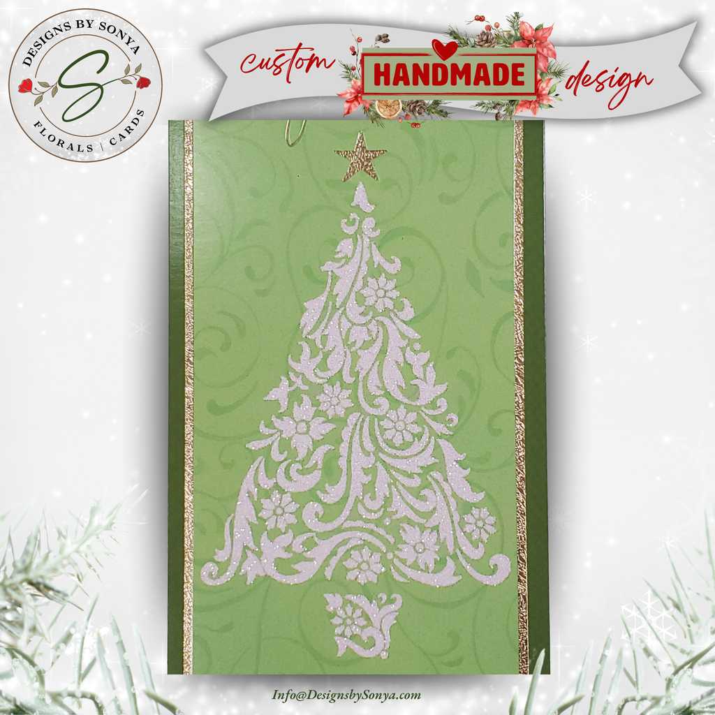 Handcrafted Merry Christmas Tree Card with Gold Star | Green Holiday Card | Elegant Design, 3.75"x8.25"