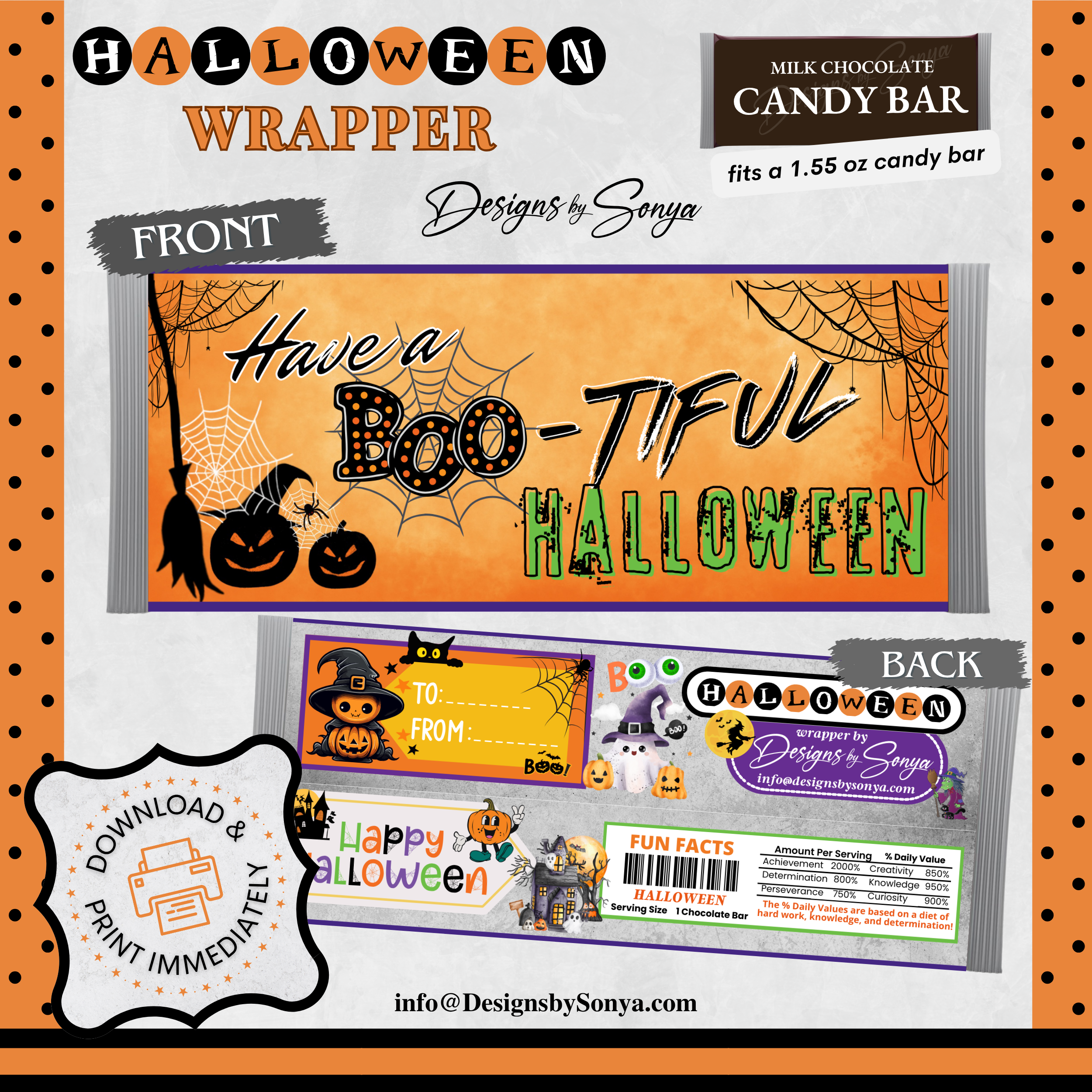 Custom Halloween Digital Candy Bar Wrapper | Printable Candy Bar Covers | Instant Download for Trick-or-Treat Party Favors | Fits 1.55 oz Hershey's Chocolate Bar