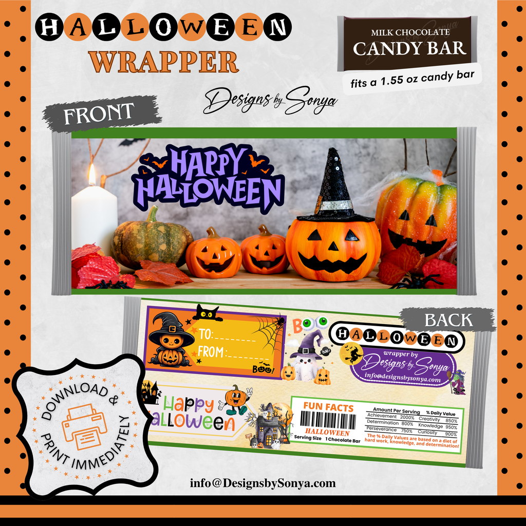 Custom Halloween Digital Candy Bar Wrapper | Printable Candy Bar Covers | Instant Download for Trick-or-Treat Party Favors | Fits 1.55 oz Hershey's Chocolate Bar