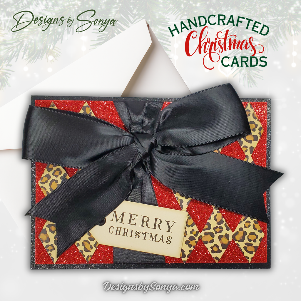 Merry Christmas Card with Leopard & Red Glitter | Handcrafted Holiday Card with Bow | Unique A7 Keepsake for Gift-Giving