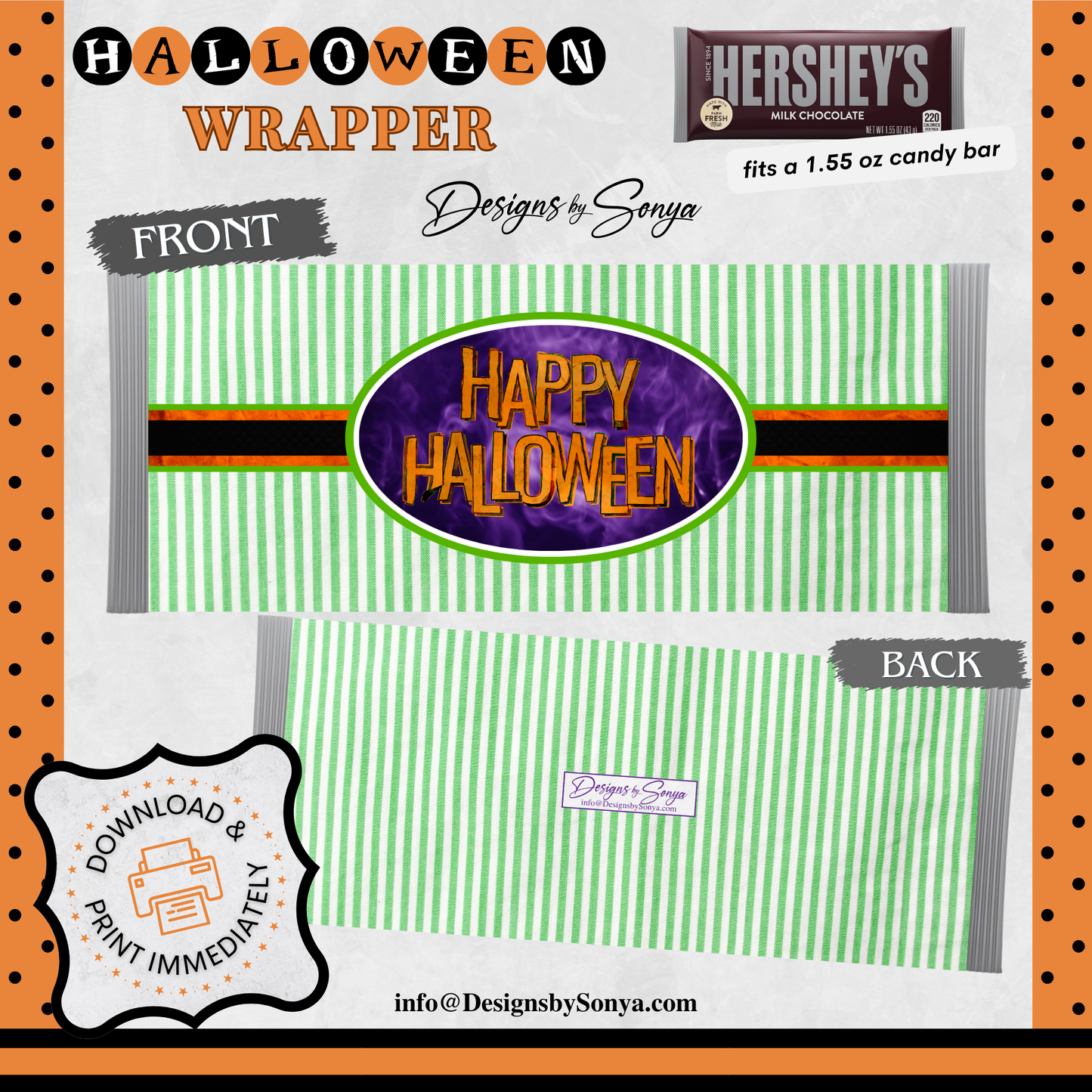 Custom Halloween Digital Hershey Bar Wrapper | Printable Candy Bar Covers | Instant Download for Trick-or-Treat Party Favors | Fits 1.55 oz Hershey's Chocolate Bar