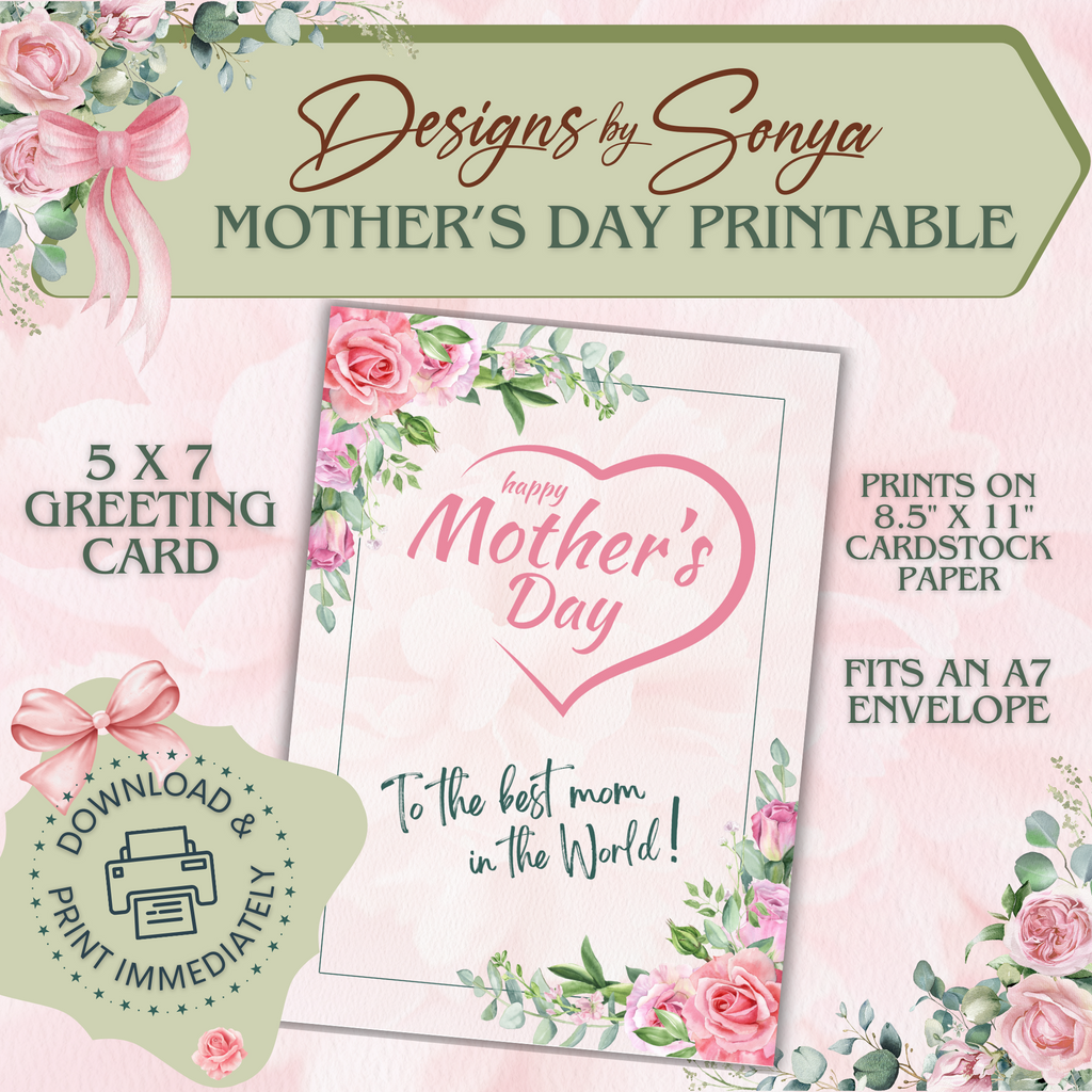 Pink Roses Mother's Day | Custom Designed | 5 x 7 Printable Greeting Card | Matching Envelope Included | Instant Download | Print from Home