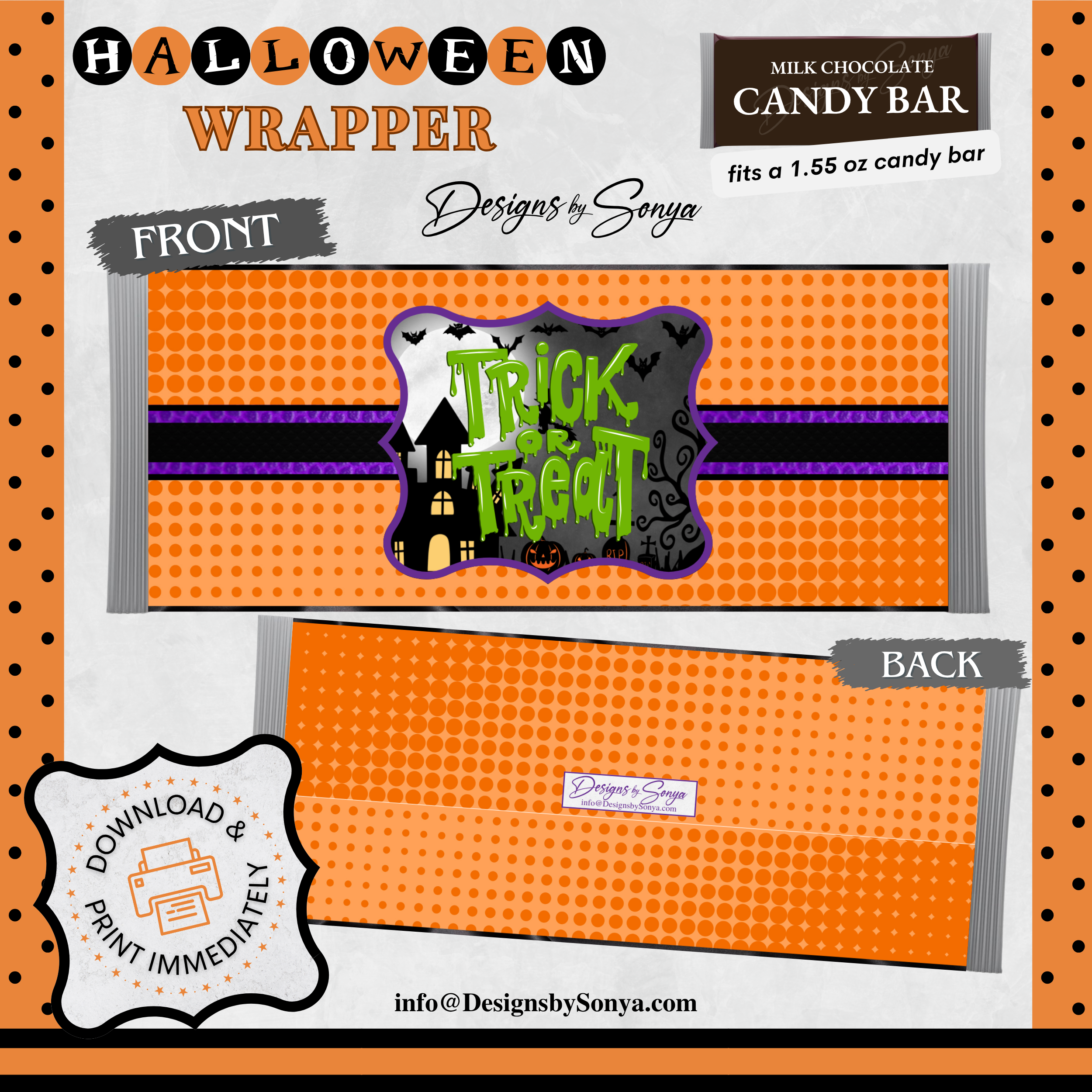 Custom Halloween Digital Candy Bar Wrapper | Printable Candy Bar Covers | Instant Download for Trick-or-Treat Party Favors | Fits 1.55 oz Hershey's Chocolate Bar
