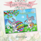 Custom Designed Printable Happy Easter Greeting Card & Envelope for Kids | DIY Digital Download | Holiday Greetings Playful Bunnies Decorating Vibrant Eggs