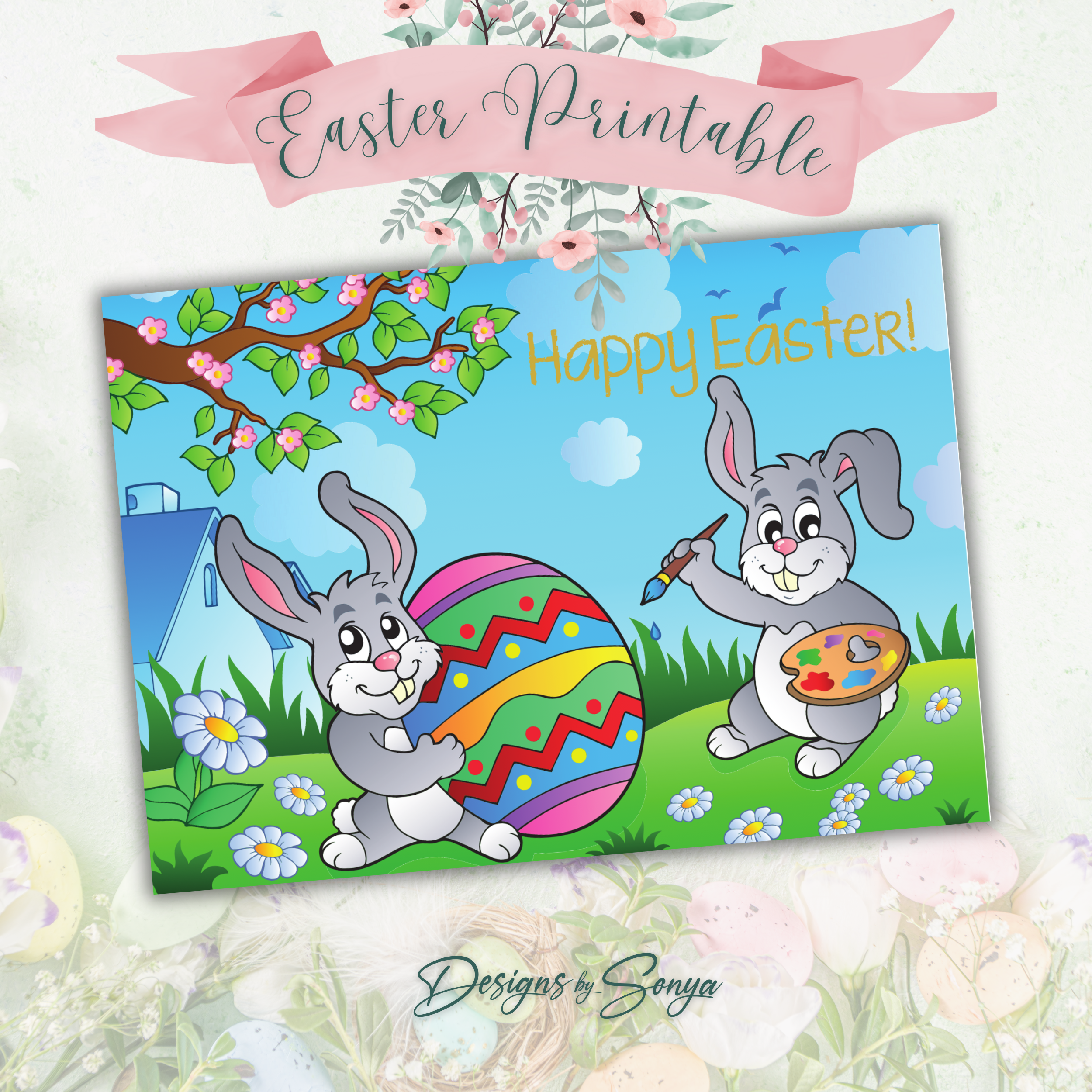 Custom Designed Printable Happy Easter Greeting Card & Envelope for Kids | DIY Digital Download | Holiday Greetings Playful Bunnies Decorating Vibrant Eggs