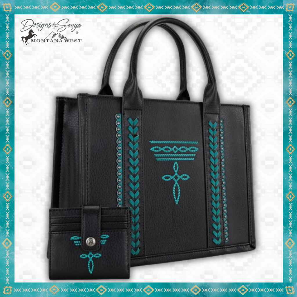 Montana West Whipstitch Concealed Carry Tote with Matching Bi-Fold Wallet | MW1124-H8120SW | Black with Turquoise