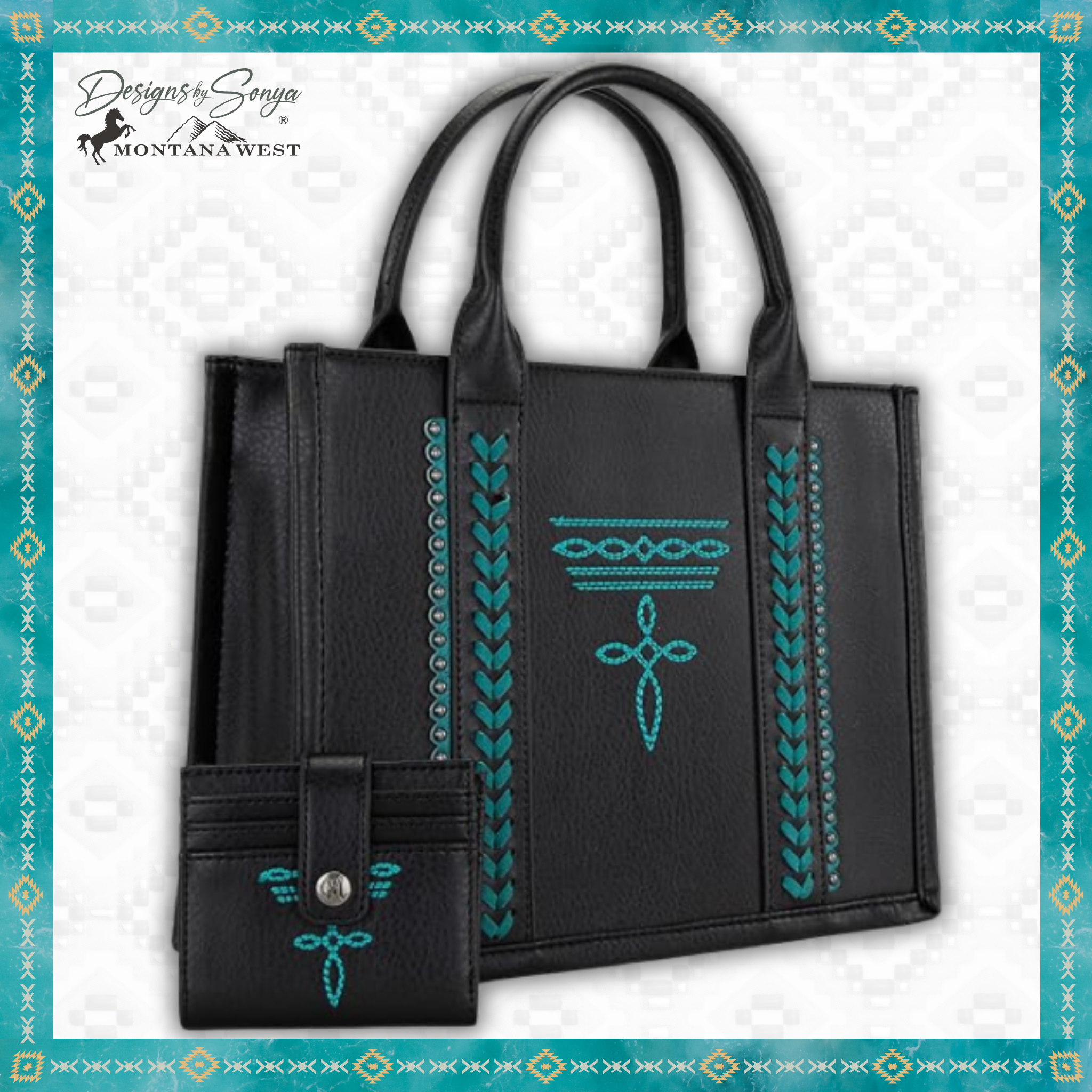 Montana West Whipstitch Concealed Carry Tote with Matching Bi-Fold Wallet | MW1124-H8120SW | Black with Turquoise
