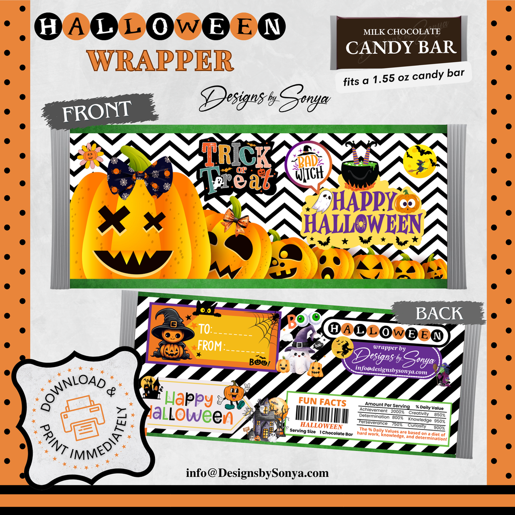 Custom Halloween Digital Candy Bar Wrapper | Printable Candy Bar Covers | Instant Download for Trick-or-Treat Party Favors | Fits 1.55 oz Hershey's Chocolate Bar