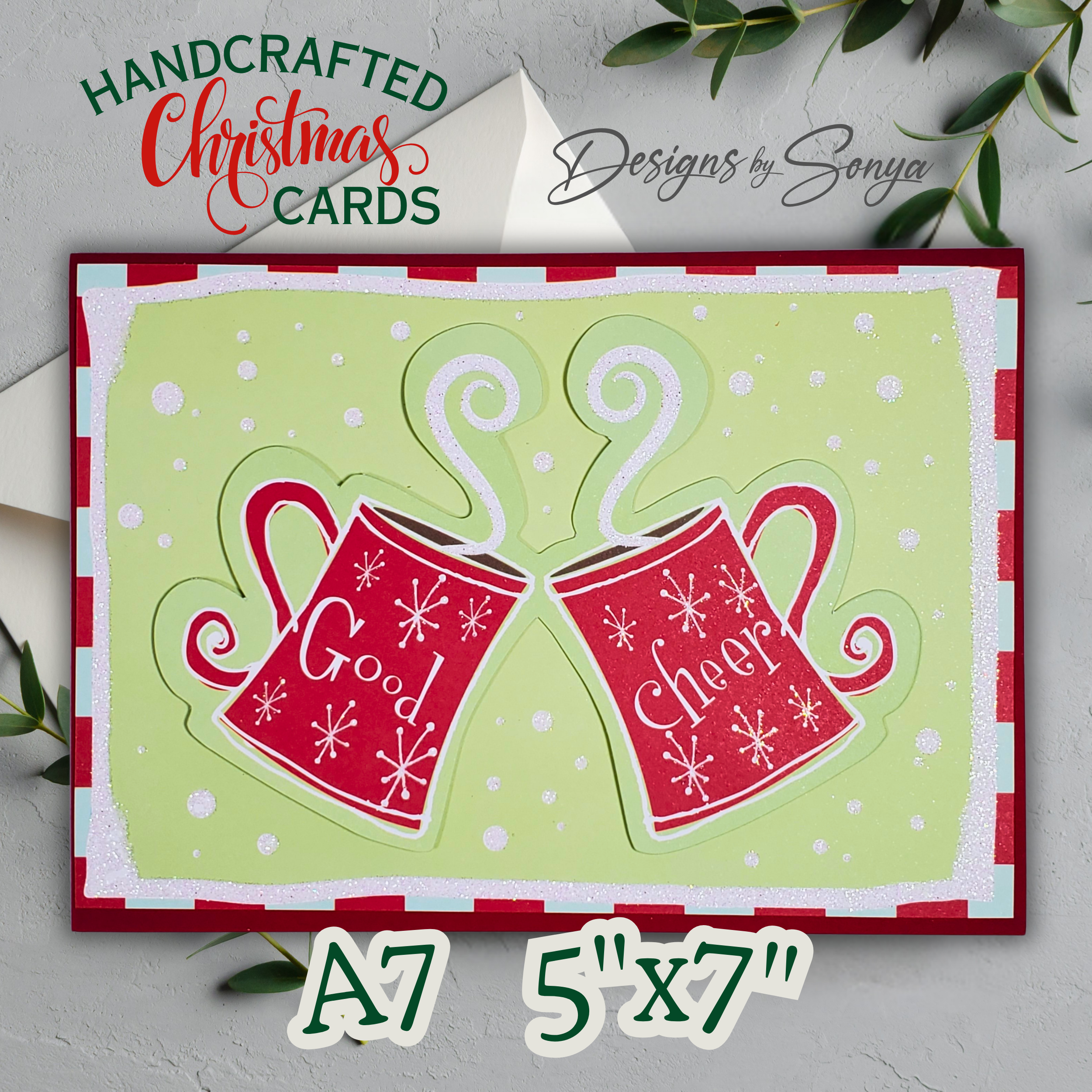 Good Cheer Holiday Card with Red Mugs | Handcrafted A7 Christmas Card | Fun Festive Greeting for Friends, Family, or Corporate Gifting