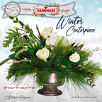 White Winter Floral Arrangement – Custom Designed Christmas Table Décor Centerpiece with Faux Pine, Cedar Greenery and Ivory Roses