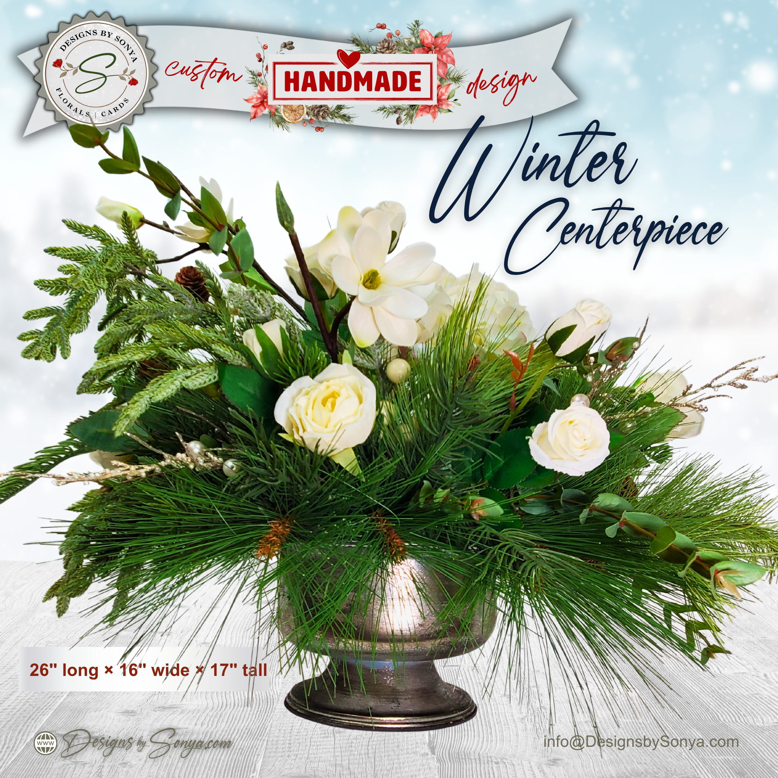 White Winter Floral Arrangement – Custom Designed Christmas Table Décor Centerpiece with Faux Pine, Cedar Greenery and Ivory Roses