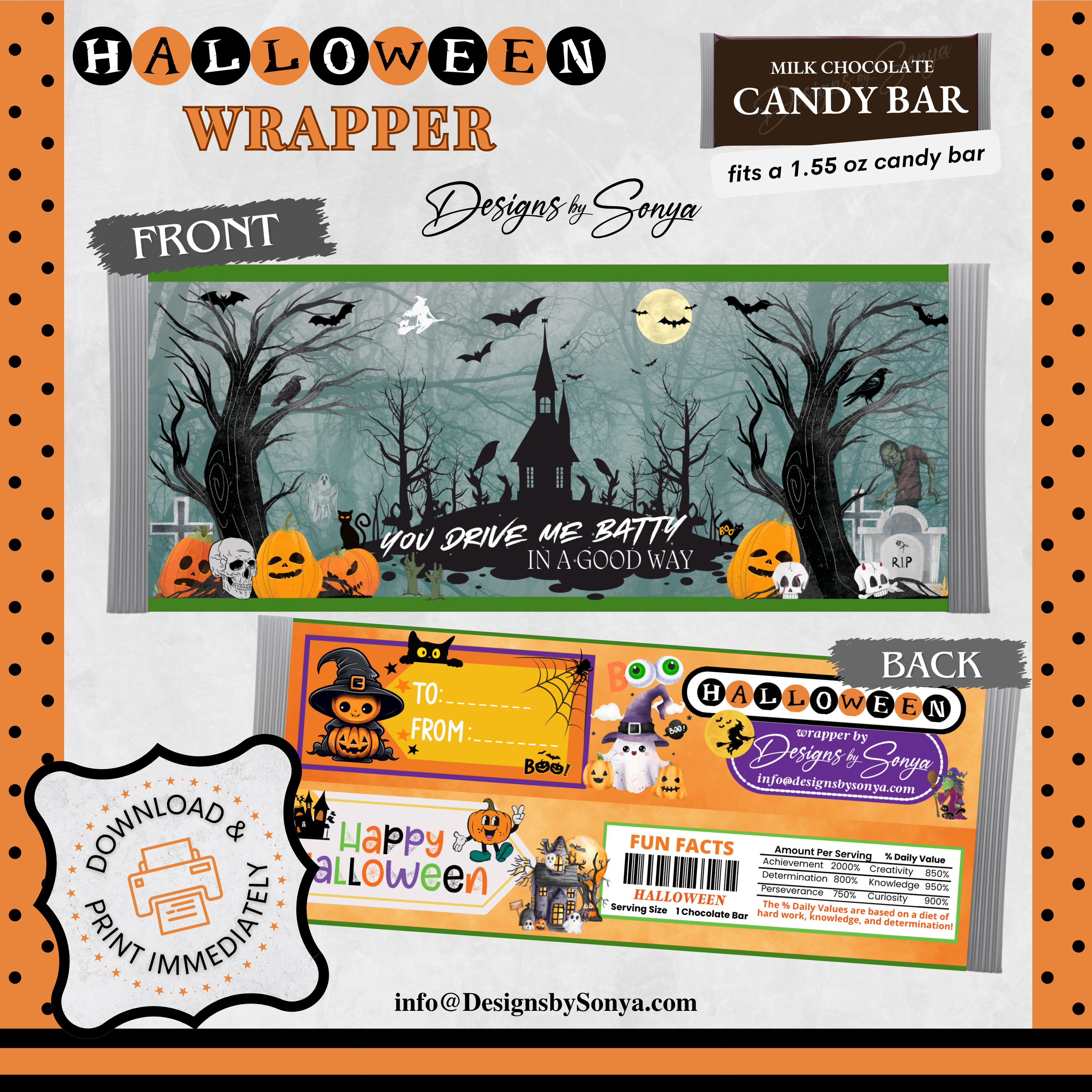 Custom Halloween Digital Candy Bar Wrapper | Printable Candy Bar Covers | Instant Download for Trick-or-Treat Party Favors | Fits 1.55 oz Hershey's Chocolate Bar