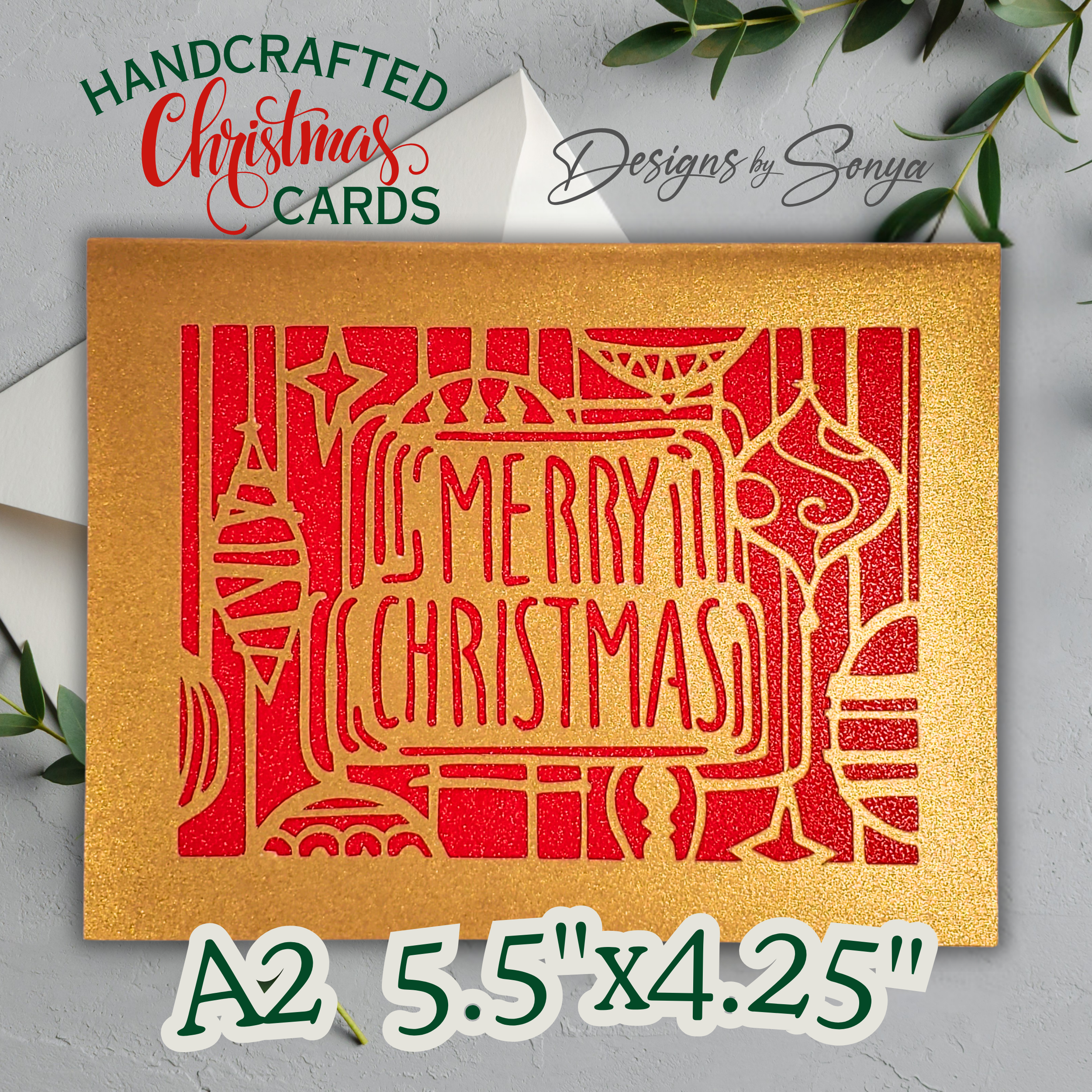 Merry Christmas Ornament Card – Handmade A2 Holiday Greeting in Red & Green with Script Font and Festive Backing – 5.5"x4.25" Card
