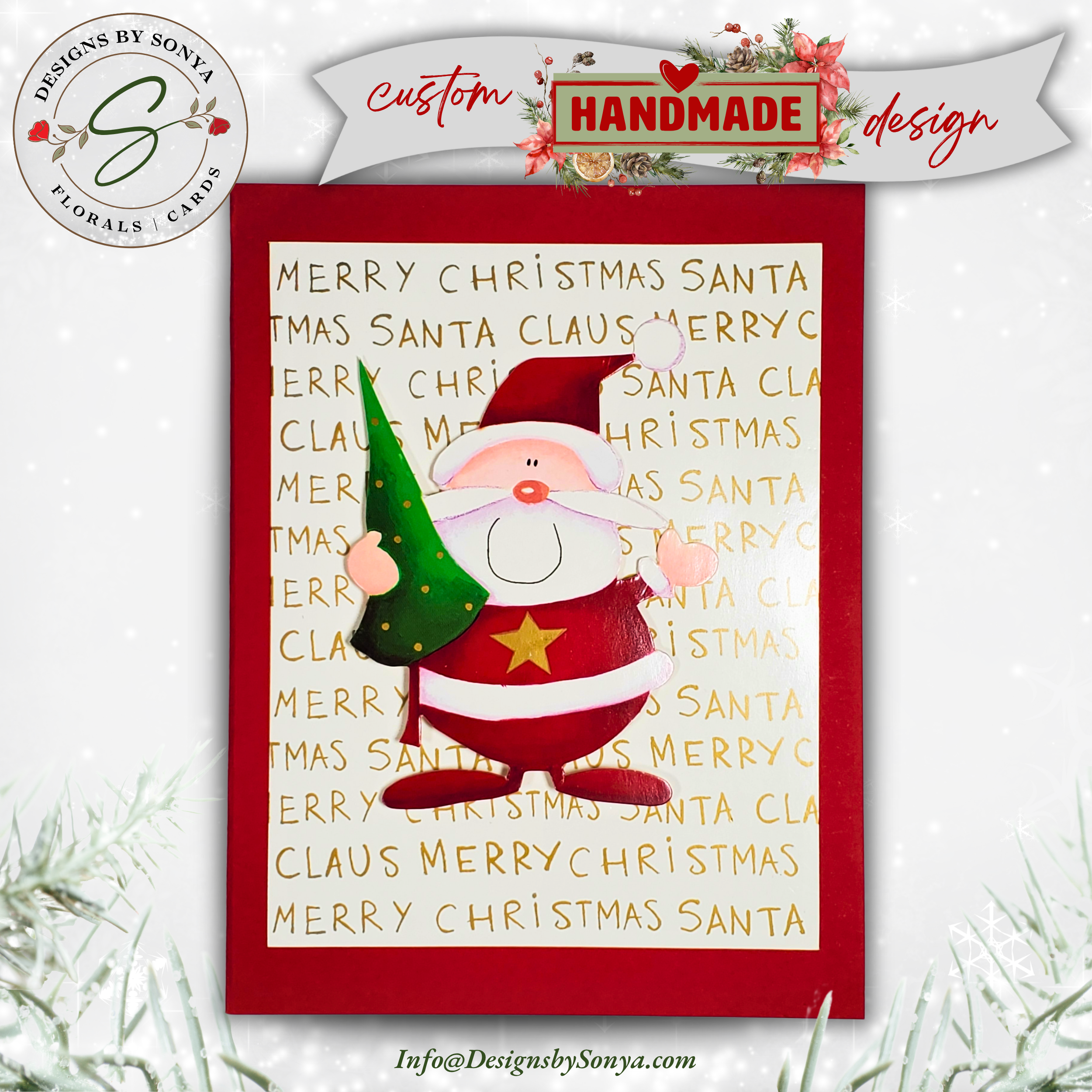 Handcrafted Santa Christmas Card with Gold Lettering | A2 Holiday Card | Red & Green, Unique Design
