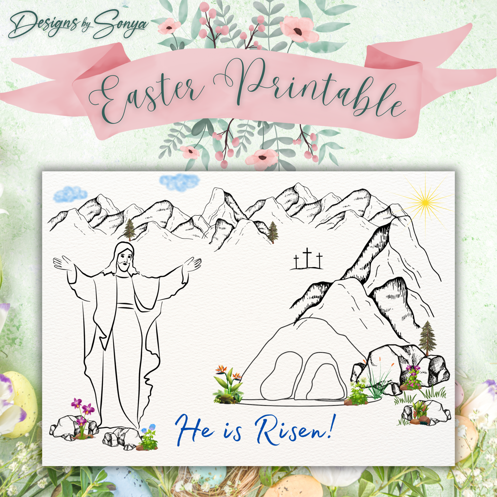 Custom 5 x 7 Printable He is Risen Easter DIY Kid Coloring Greeting Card w/Envelope - Classroom Activity - Instant Download - Print at Home