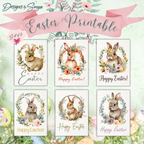 Elegant Custom Designed Set of 6 Printable 5 x 7 inch Happy Easter Greeting Cards - Floral Designs with an Adorable Rabbit -Instant Download