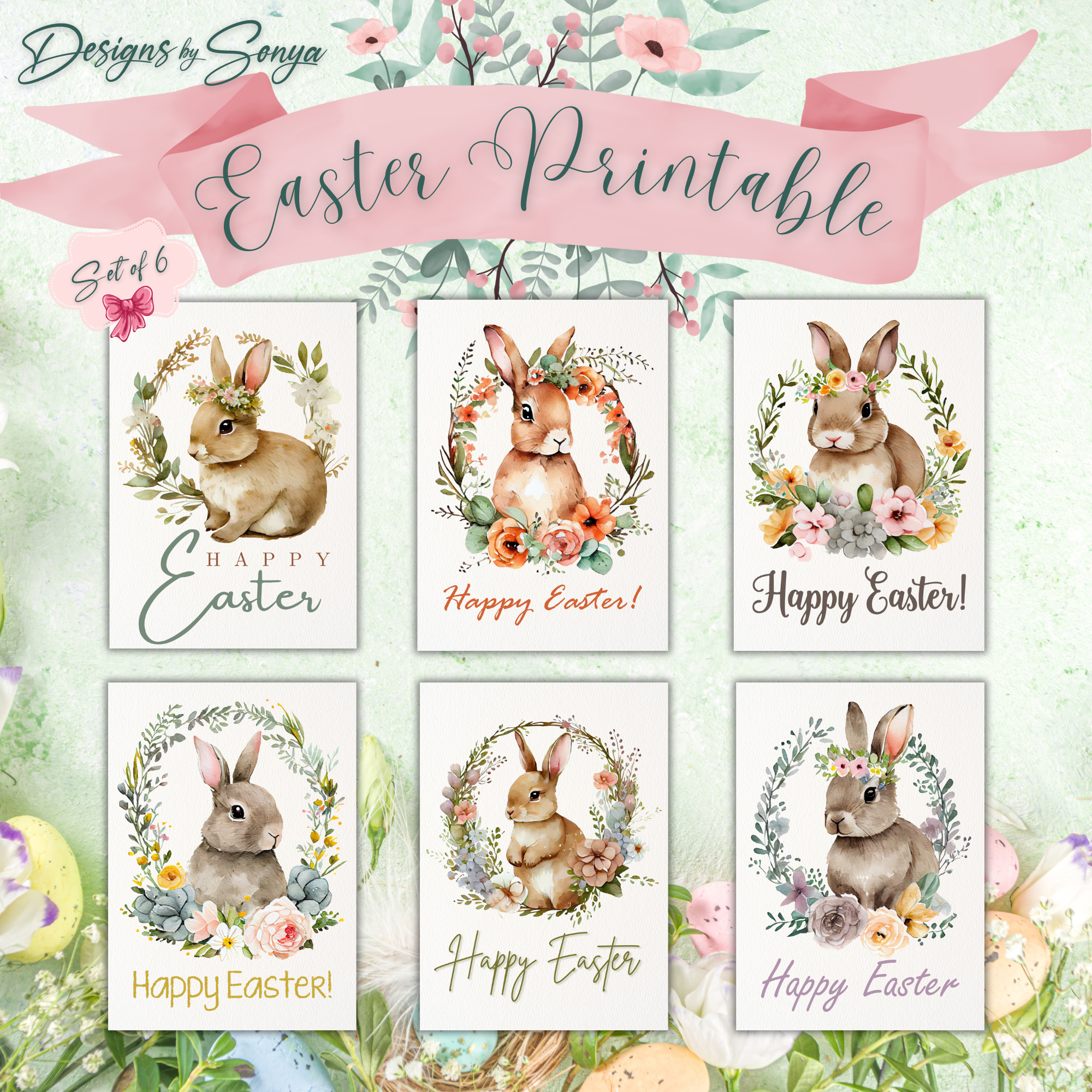 Elegant Custom Designed Set of 6 Printable 5 x 7 inch Happy Easter Greeting Cards - Floral Designs with an Adorable Rabbit -Instant Download