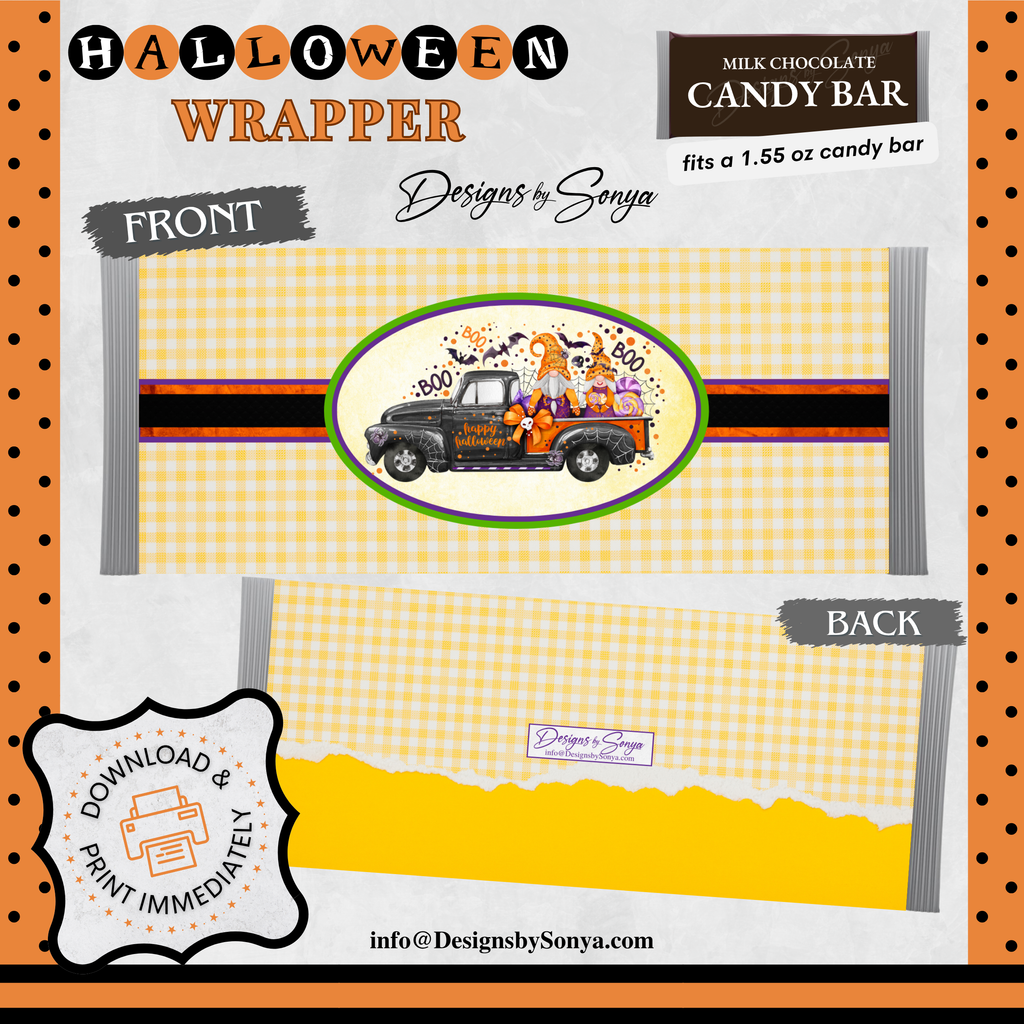 Halloween Gnomes & Spooky Truck Wrapper | Instant Download for Party Favors | Printable Fits 1.55 oz Milk Chocolate Candy Bar