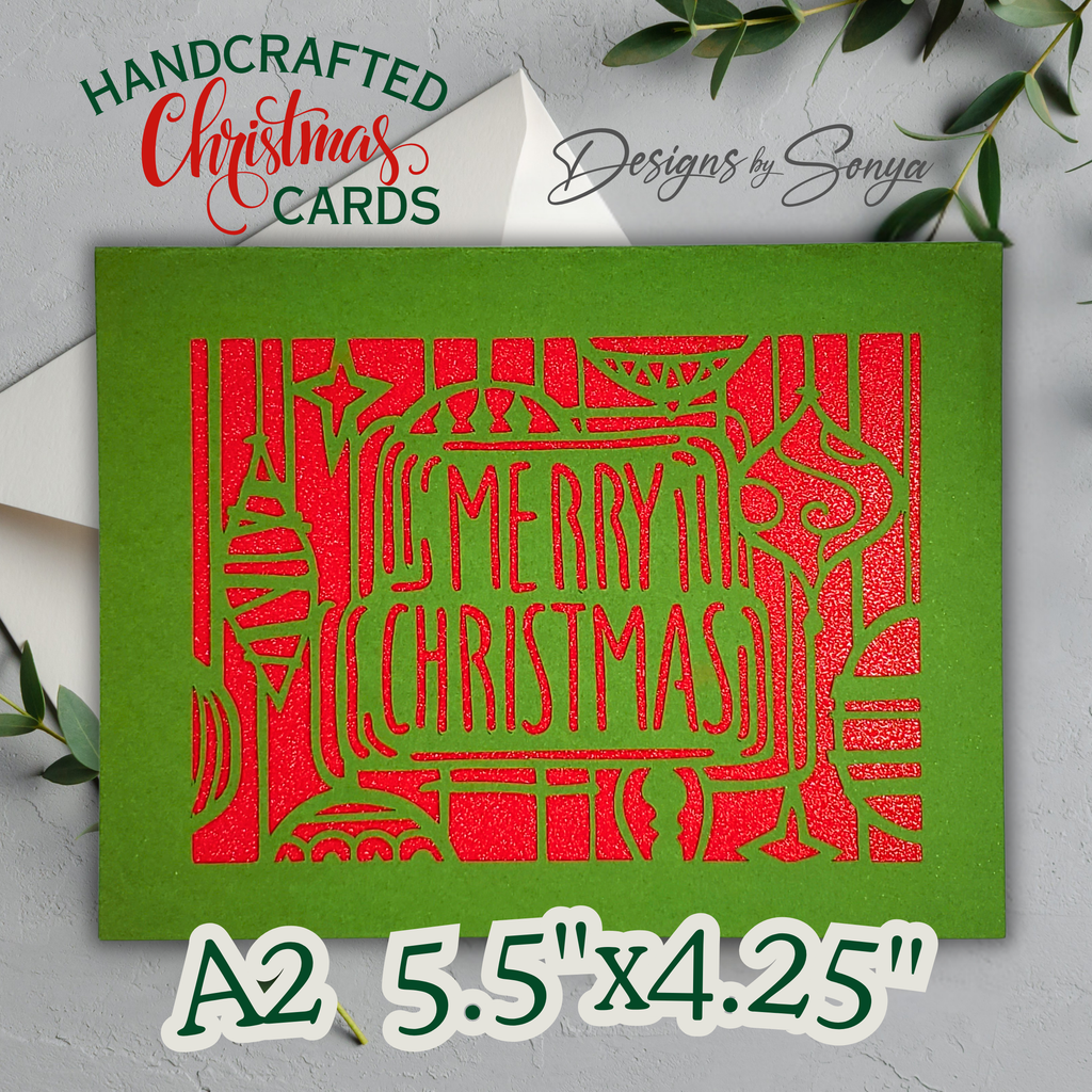 Retro Merry Christmas Card – Handmade A2 Holiday Card with Red Glitter & Ornament Cutouts – 5.5"x4.25" Festive Greeting