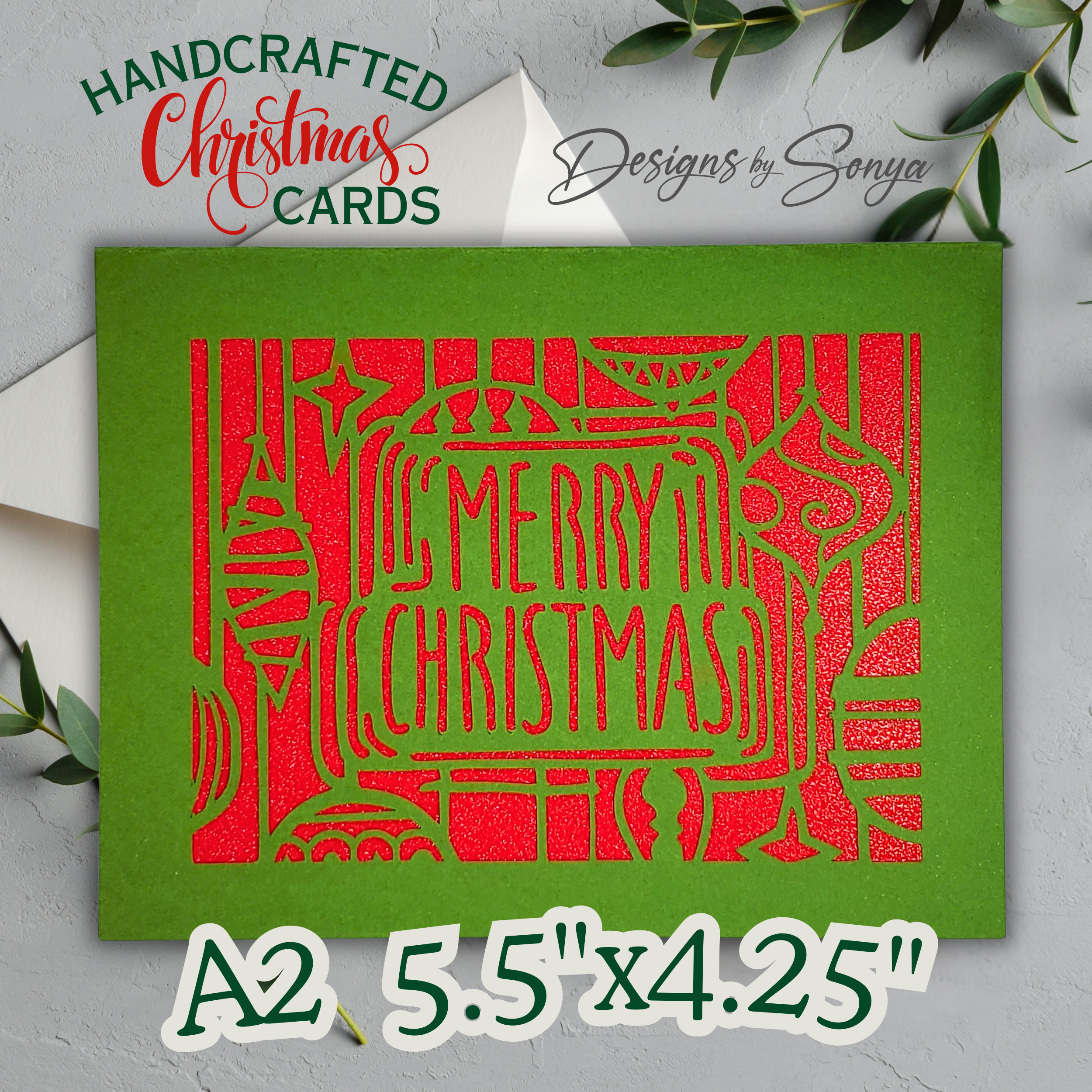 Retro Merry Christmas Card – Handmade A2 Holiday Card with Red Glitter & Ornament Cutouts – 5.5"x4.25" Festive Greeting