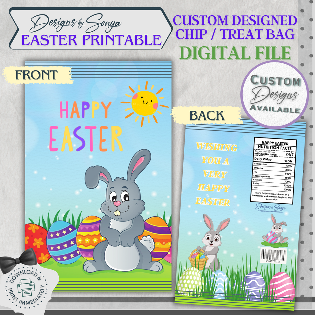 Custom Designed Easter Bunny Chip or Treat Bag | Classroom Party Favor | Simple | Unique | Teacher Gift | Instant Download | Print at Home