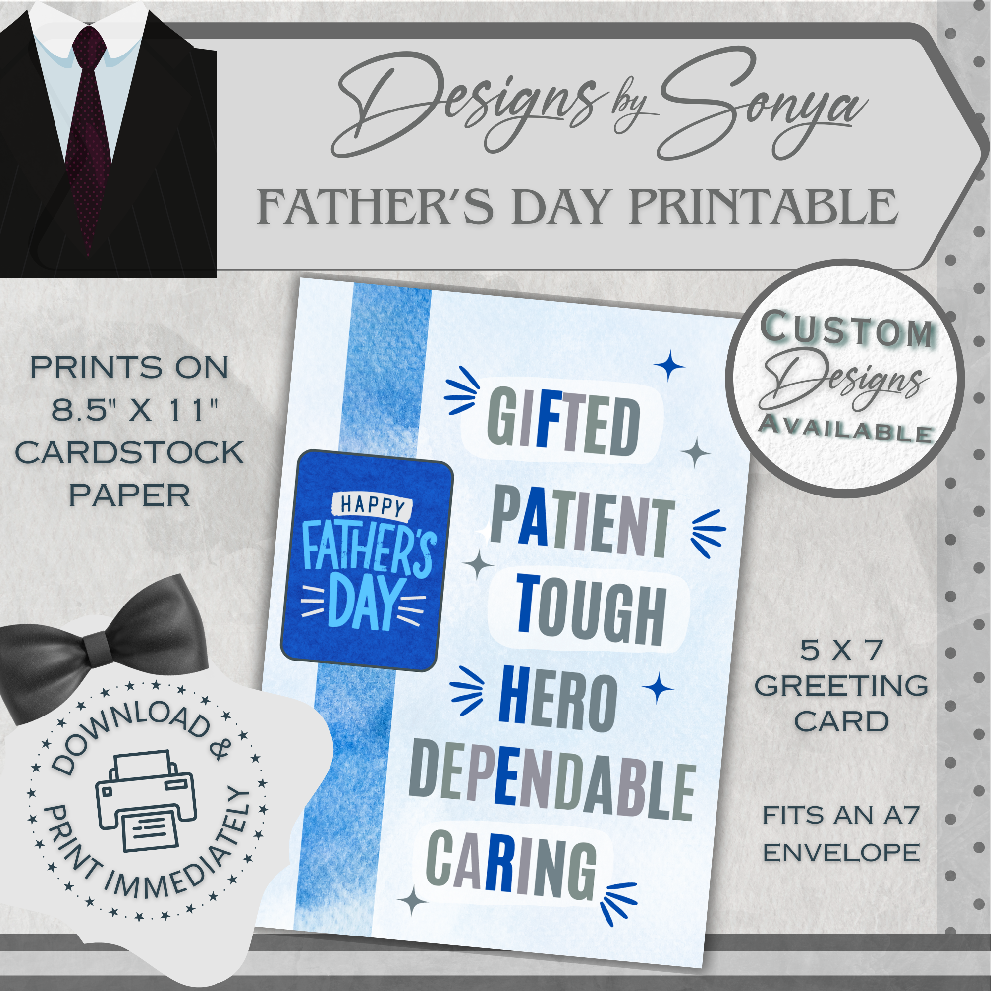 Father's Day - Gifted Patient Tough Hero Dependable Caring | Custom Designed | Printable Greeting Card | Matching Envelope Included | Instant Download | Print at Home