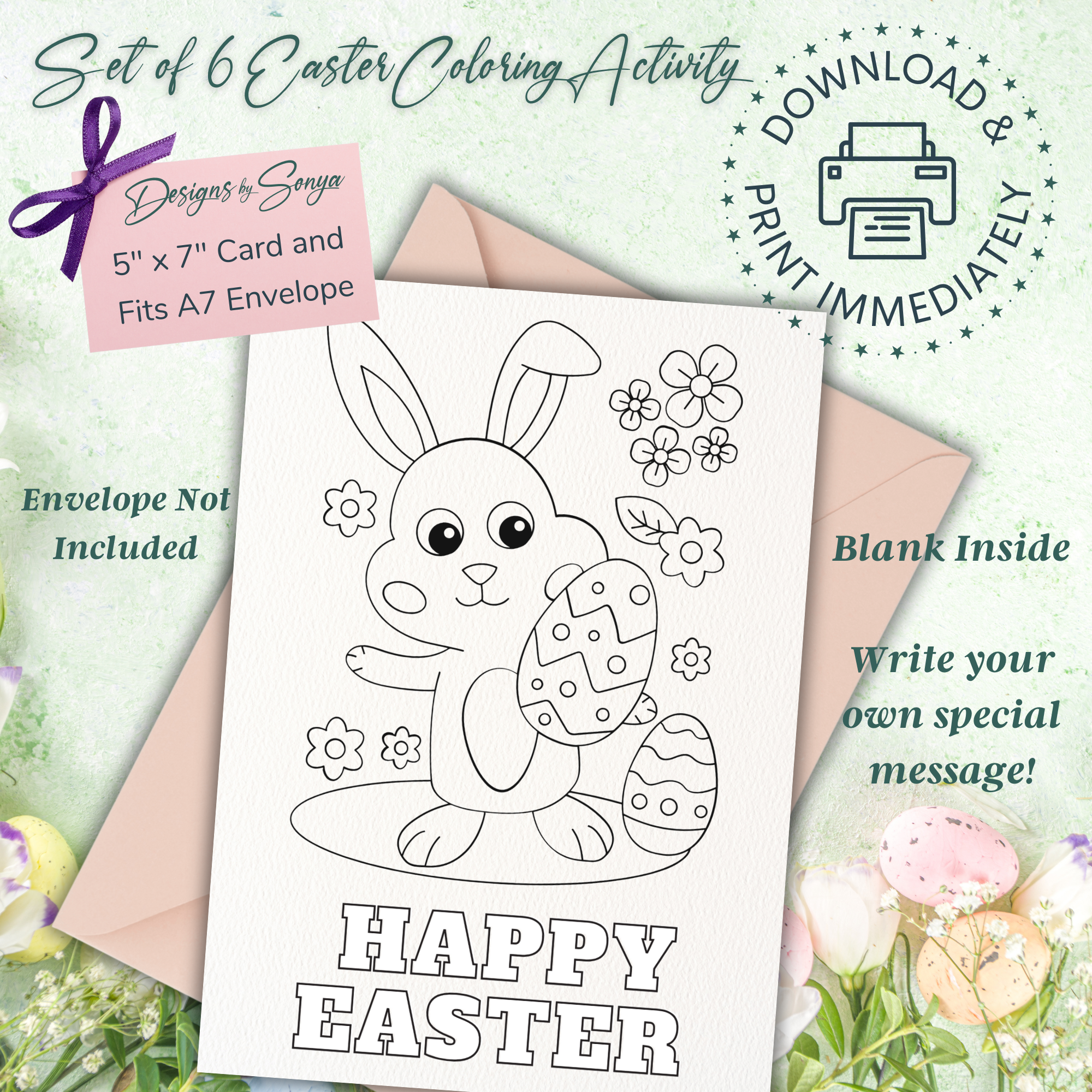 Set of 6 Custom Designed 5 x 7 Printable Happy Easter DIY Kid Coloring Greeting Card Classroom Activity - Instant Download - Print at Home