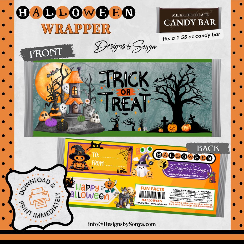 Custom Halloween Digital Candy Bar Wrapper | Printable Candy Bar Covers | Instant Download for Trick-or-Treat Party Favors | Fits 1.55 oz Hershey's Chocolate Bar