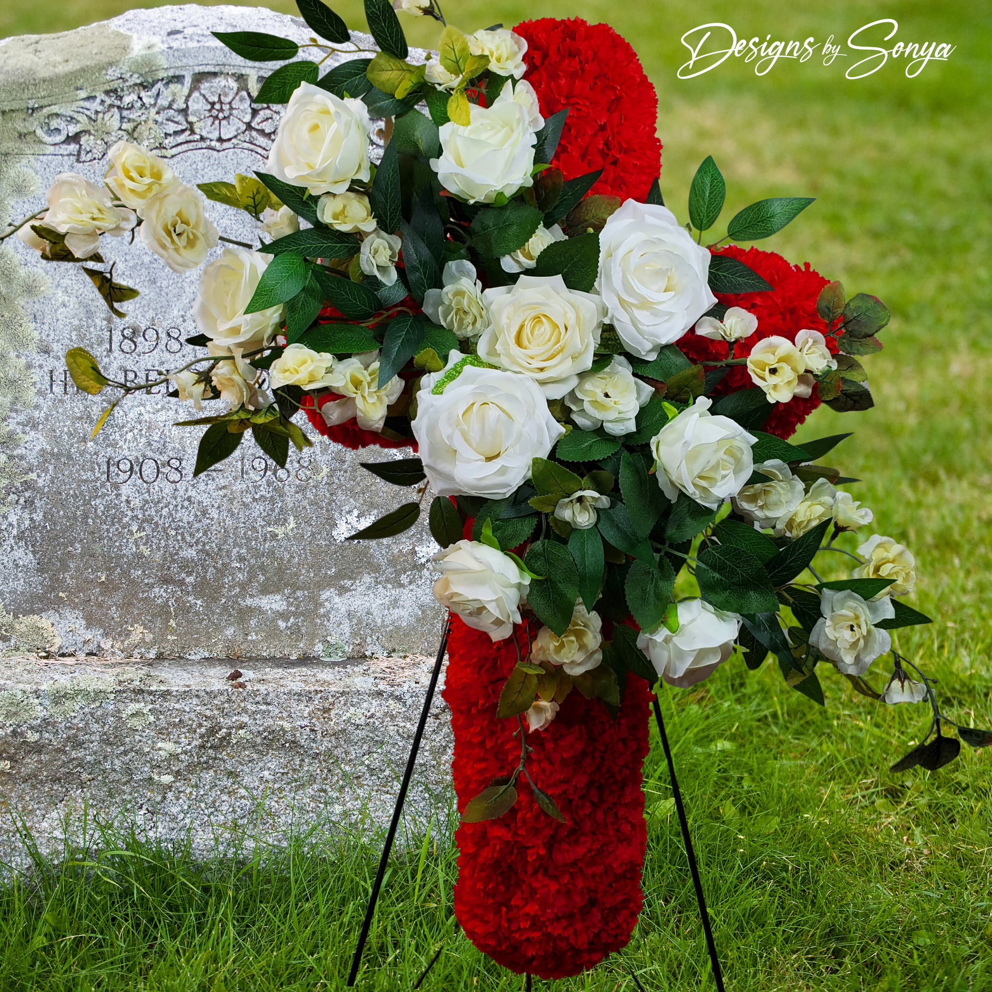 Lasting Honor: Custom Memorial Standing Cross with Red Carnations and White Roses