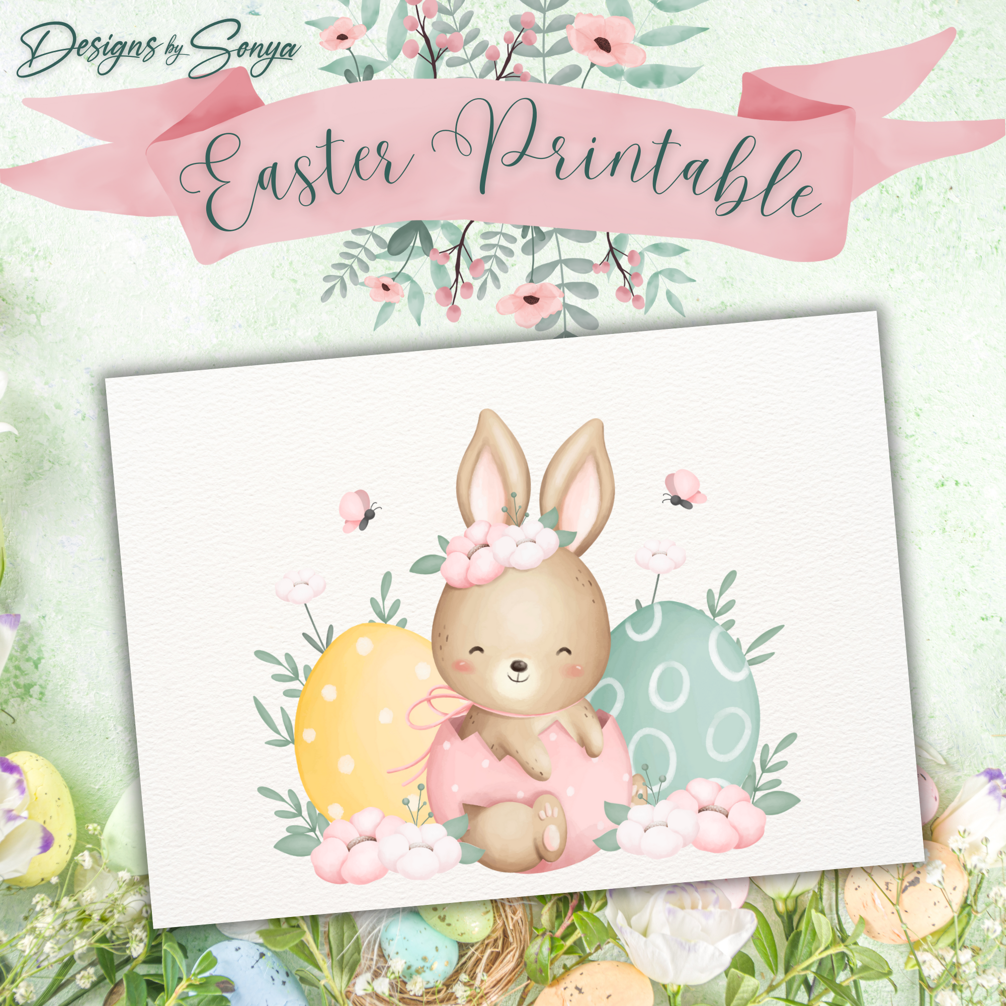 Cute Baby Easter Bunny | Custom Designed | 5 x 7 Printable Greeting Card | Matching Envelope Included | Instant Download | Print from Home