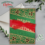 Handmade Green Glitter Christmas Card with Red Bow – Elegant A7 Holiday Card for Corporate Gifting, Religious or Family Keepsake