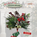 Pinecone Stocking Holder Main Hero
Elegant handmade Christmas stocking holder with snowy pinecone, frosted greenery, glossy red berries, and glittered leaves arranged on a silver metal base. A unique holiday mantel décor piece that blends beauty and function while securely holding stockings.