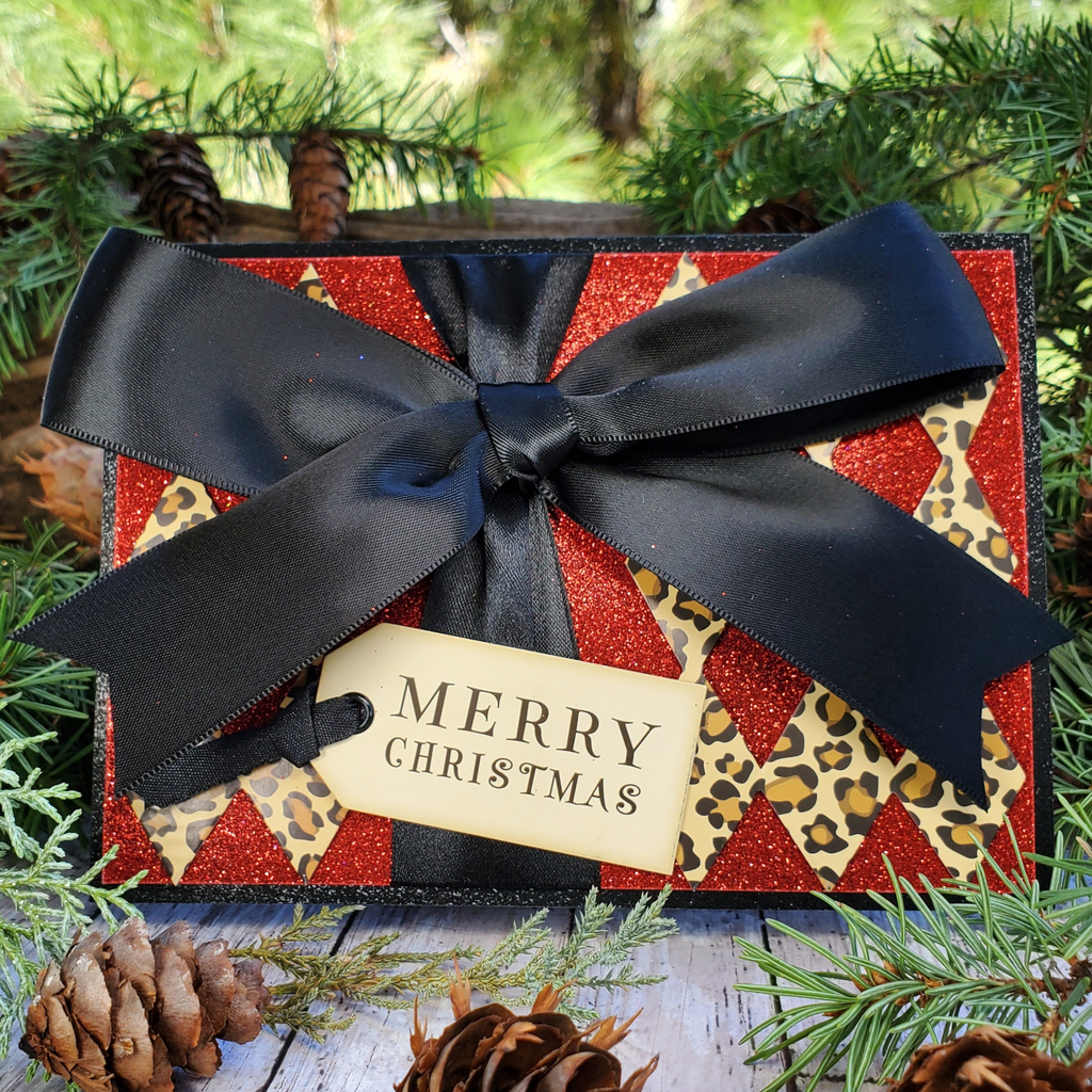 Handcrafted Merry Christmas Card with Red Glitter, Leopard Print, and Black Satin Bow | A2 Holiday Greeting Card, Unique and Elegant Design