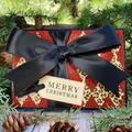Handcrafted Merry Christmas Card with Red Glitter, Leopard Print, and Black Satin Bow | A2 Holiday Greeting Card, Unique and Elegant Design
