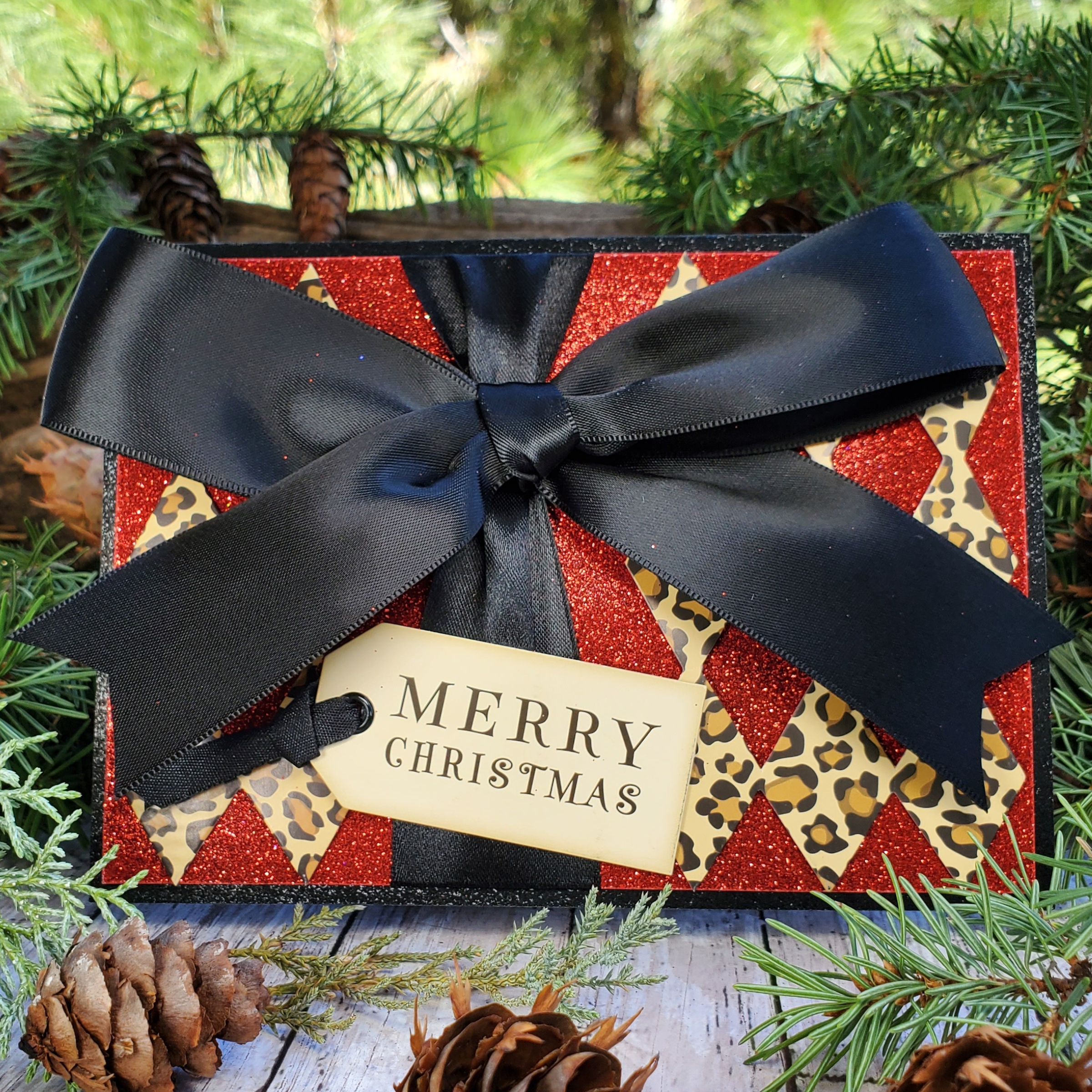 Handcrafted Merry Christmas Card with Red Glitter, Leopard Print, and Black Satin Bow | A2 Holiday Greeting Card, Unique and Elegant Design