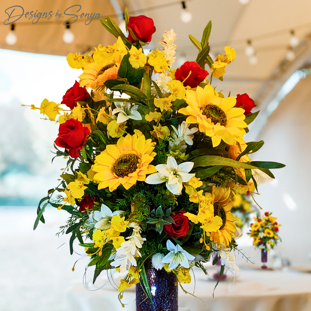Sunflower & Red Rose Floral Arrangement Insert – Artificial Centerpiece for Home Decor, Table Display, Parties, Summer Flowers, Ready to Ship